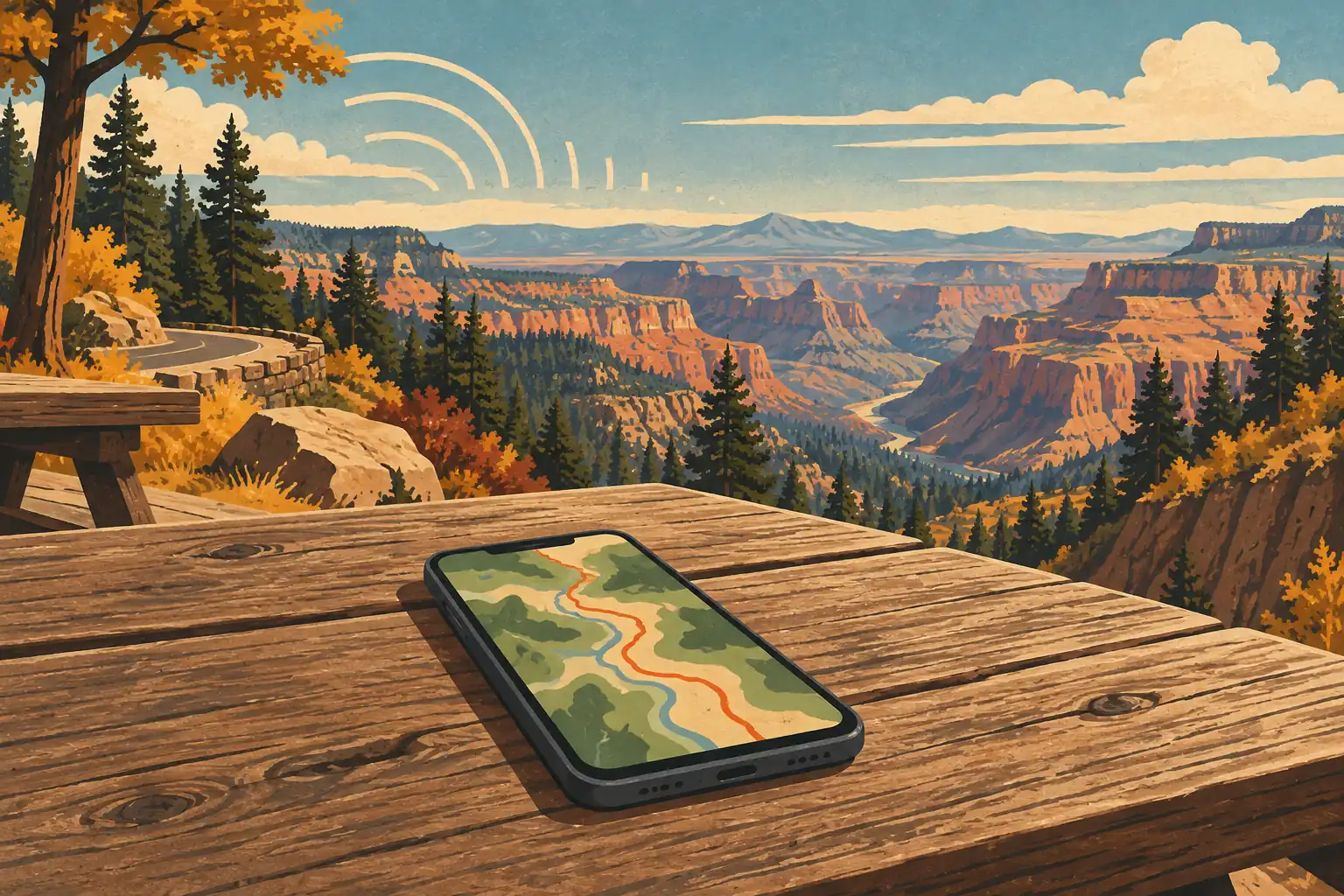Smartphone displaying a map on a wooden table overlooking a canyon, pine trees and a winding road beneath a cloudy sky