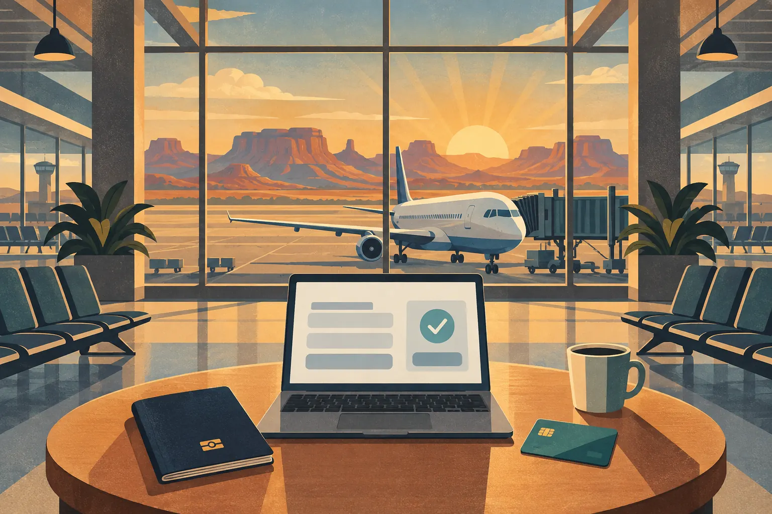 Laptop mit einer Bestätigung, Reisepass, Karte und Kaffee auf einem Flughafentisch vor Flugzeug und Wüstensonne
