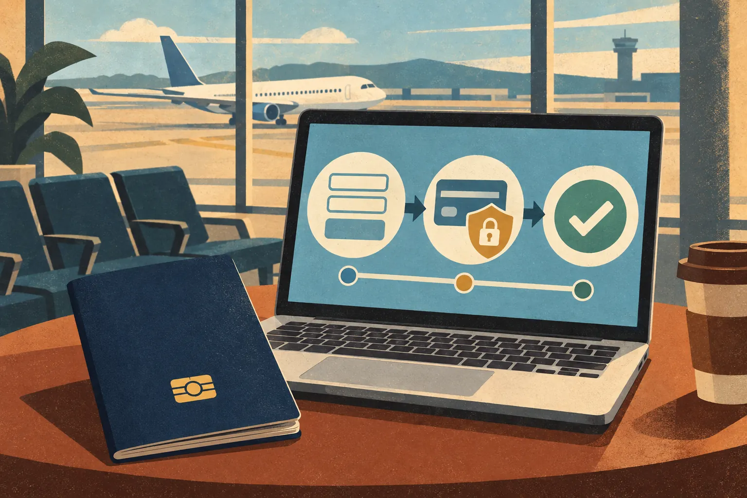 Am Flughafen zeigt ein Laptop Schritte für Formular, sichere Zahlung und Bestätigung neben einem Reisepass, draußen steht ein Flugzeug