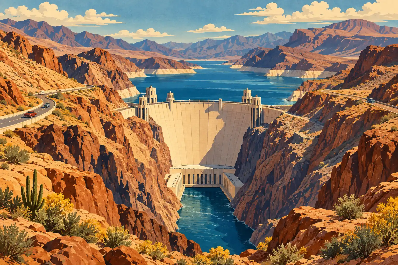 Hoover Dam between desert cliffs, with a vast blue reservoir, winding roads, passing cars and distant mountains