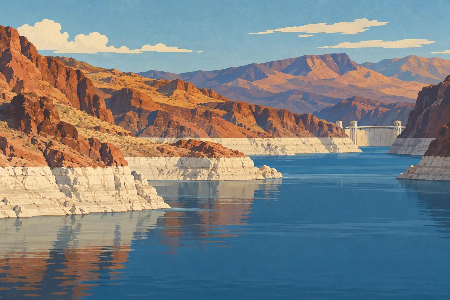 Lake Mead winds between desert cliffs and pale exposed shores, with Hoover Dam visible in the distance