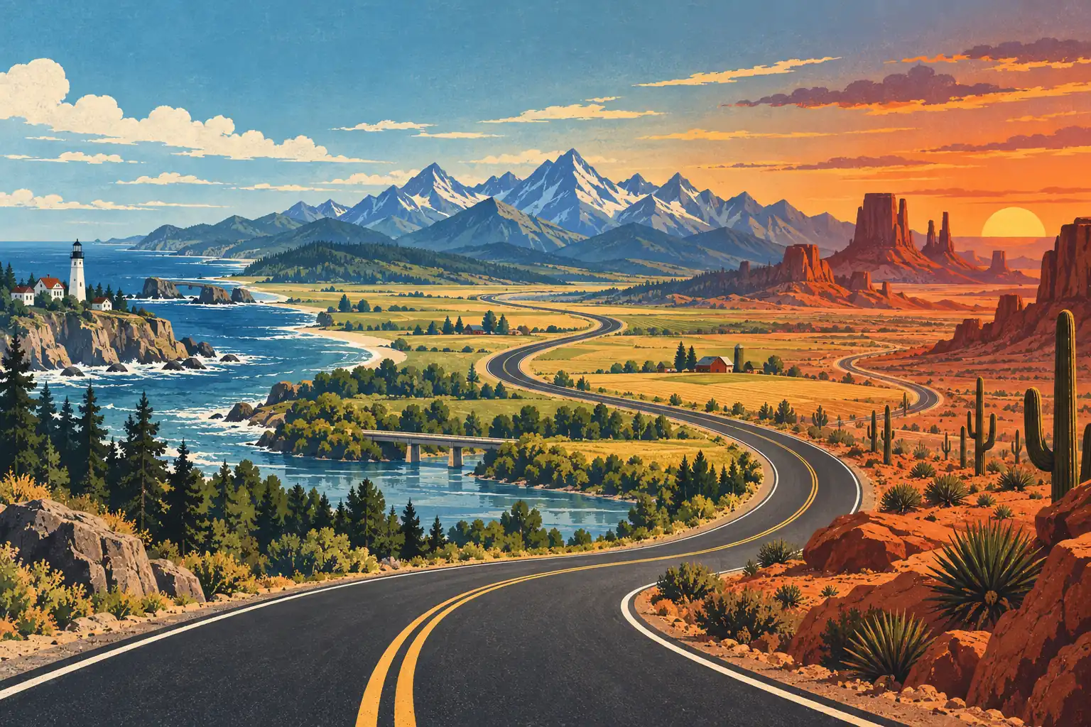 A winding highway links a lighthouse coast, snowcapped mountains and a cactus-filled desert beneath the setting sun