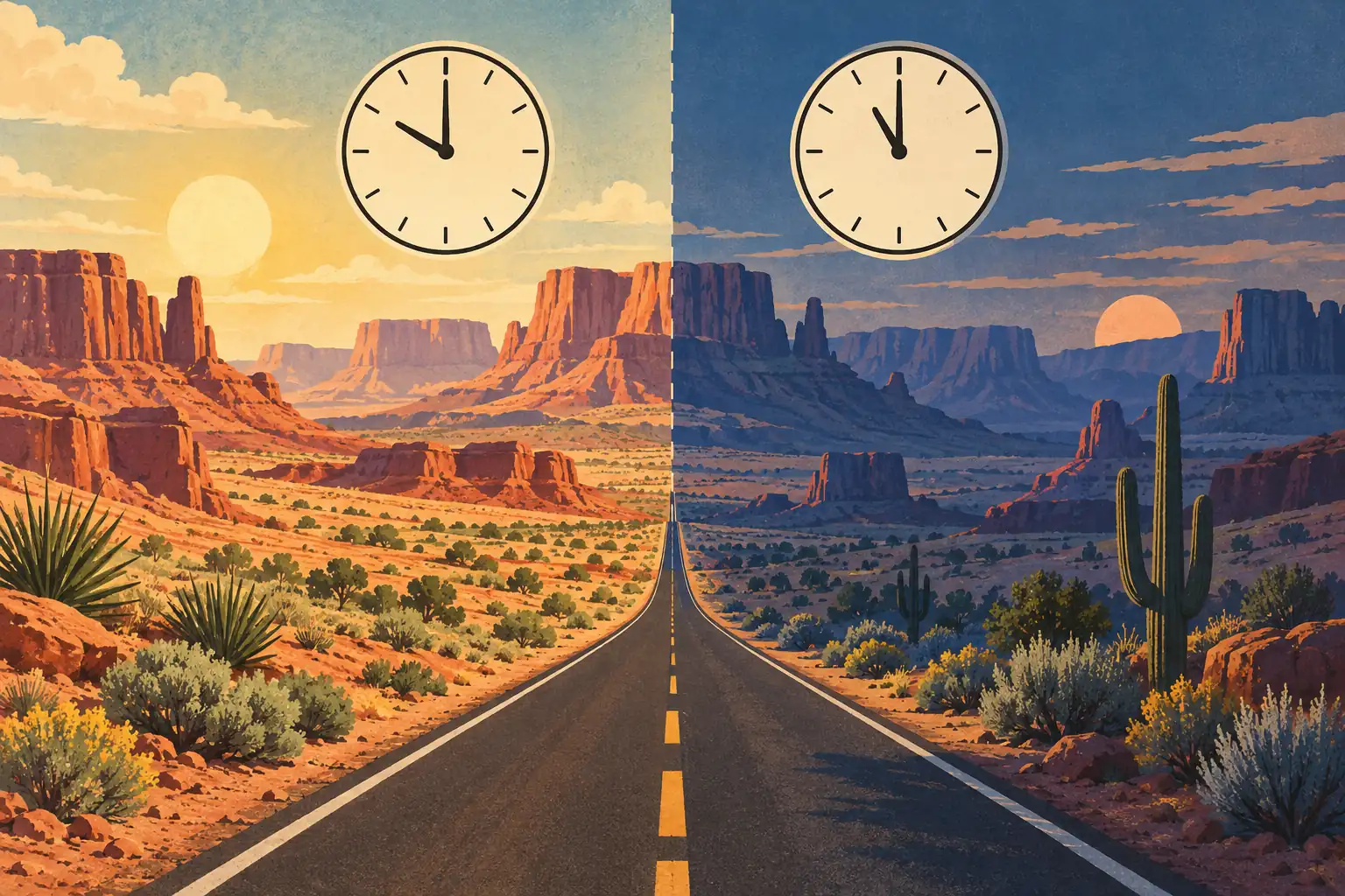 Straight road through a desert of mesas, split between daylight and night, with two clocks showing 10 and 11 o’clock