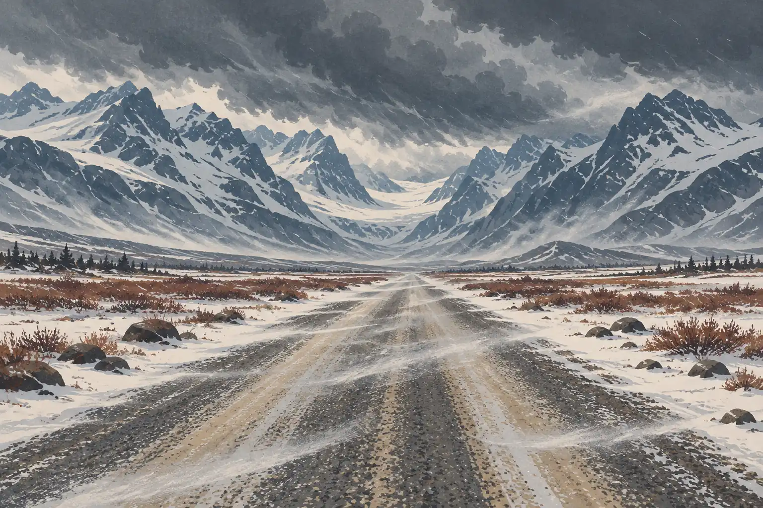 Schneebedeckte Straße durch ein weites Tal zwischen hohen, zerklüfteten Gipfeln unter schweren Sturmwolken