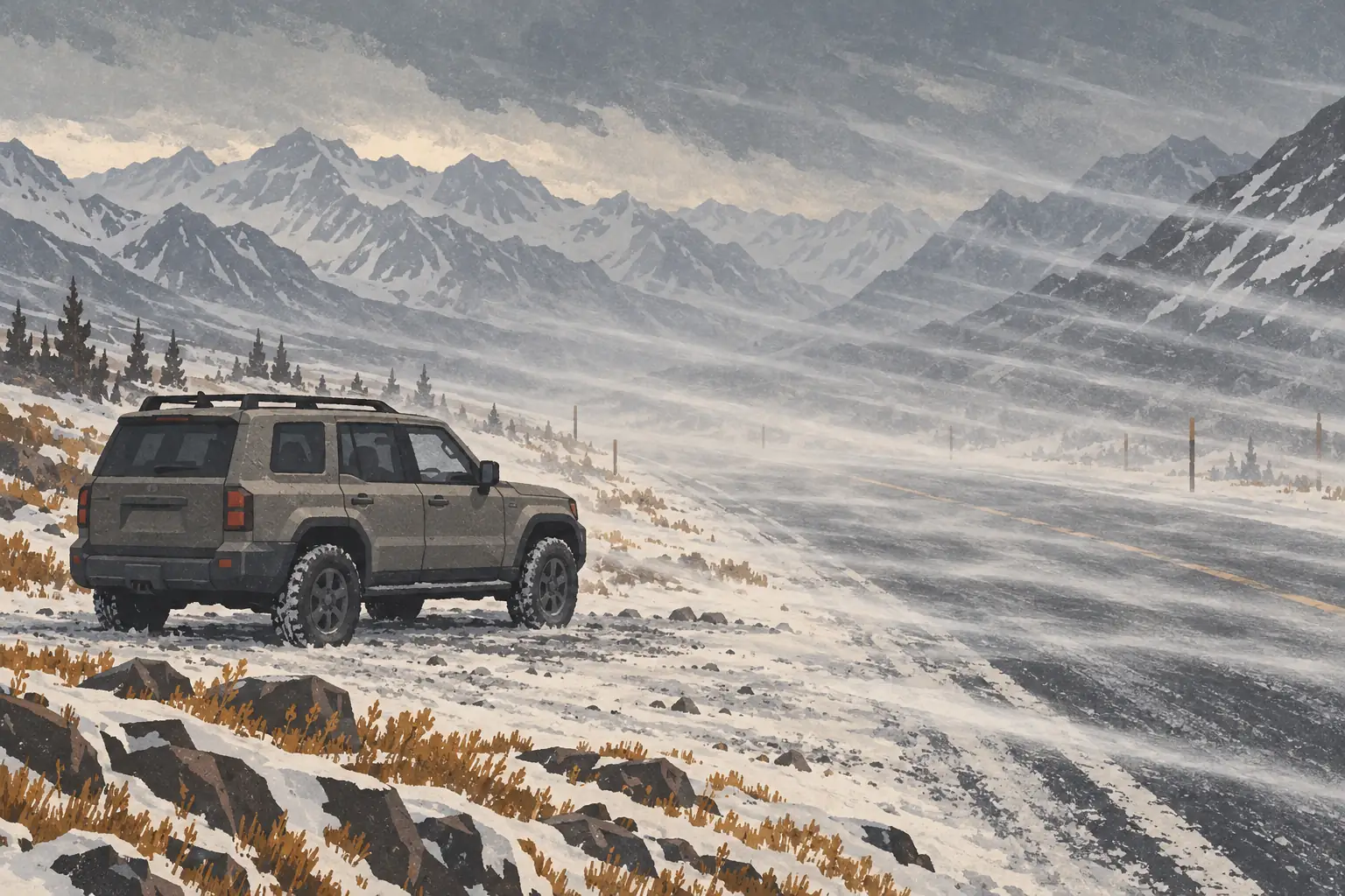 Ein Geländewagen steht an einer verschneiten, windgepeitschten Straße vor einer weiten Bergkette