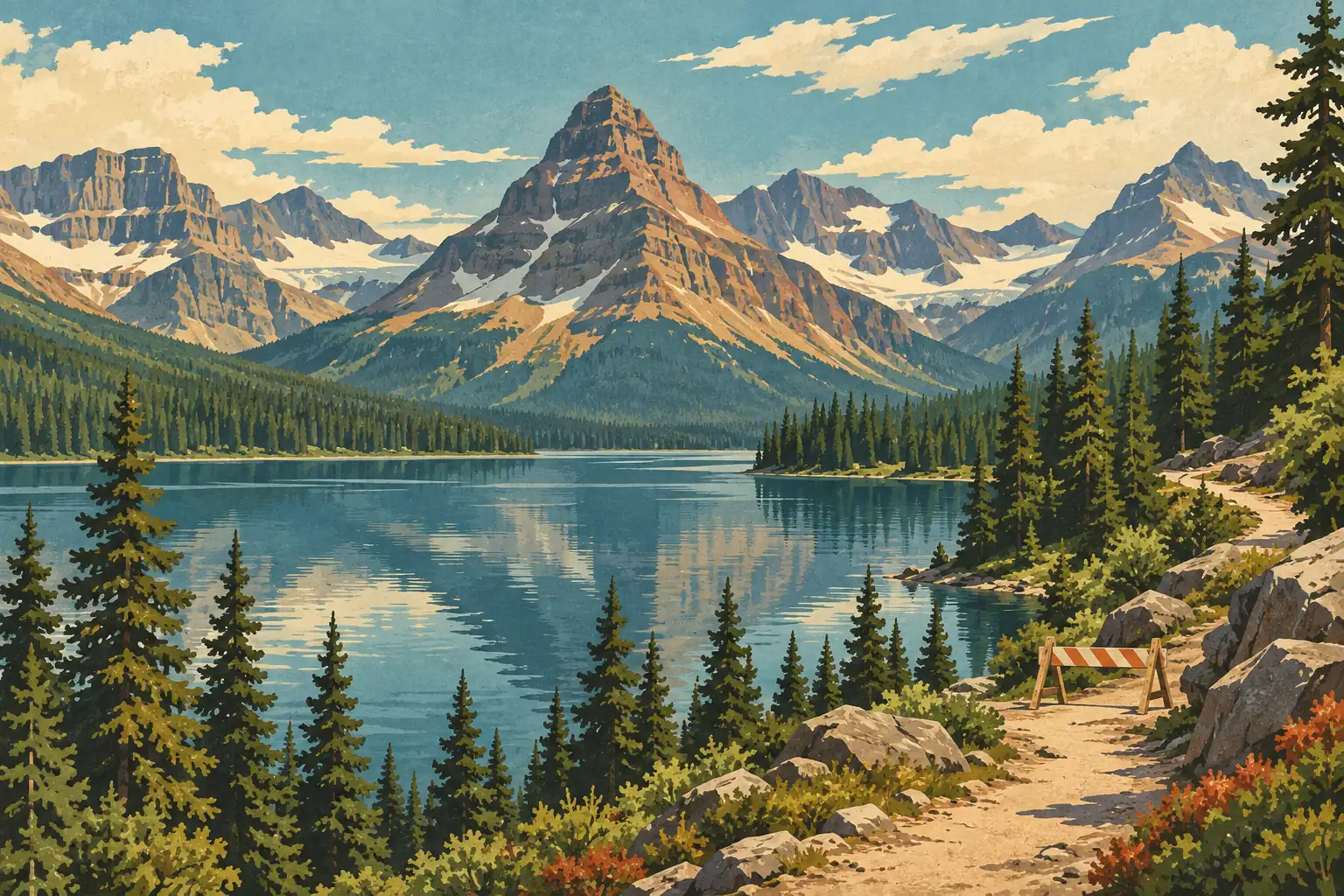 Mountain lake edged by fir trees, snow-streaked peaks in the distance, and a rocky trail closed by a barrier