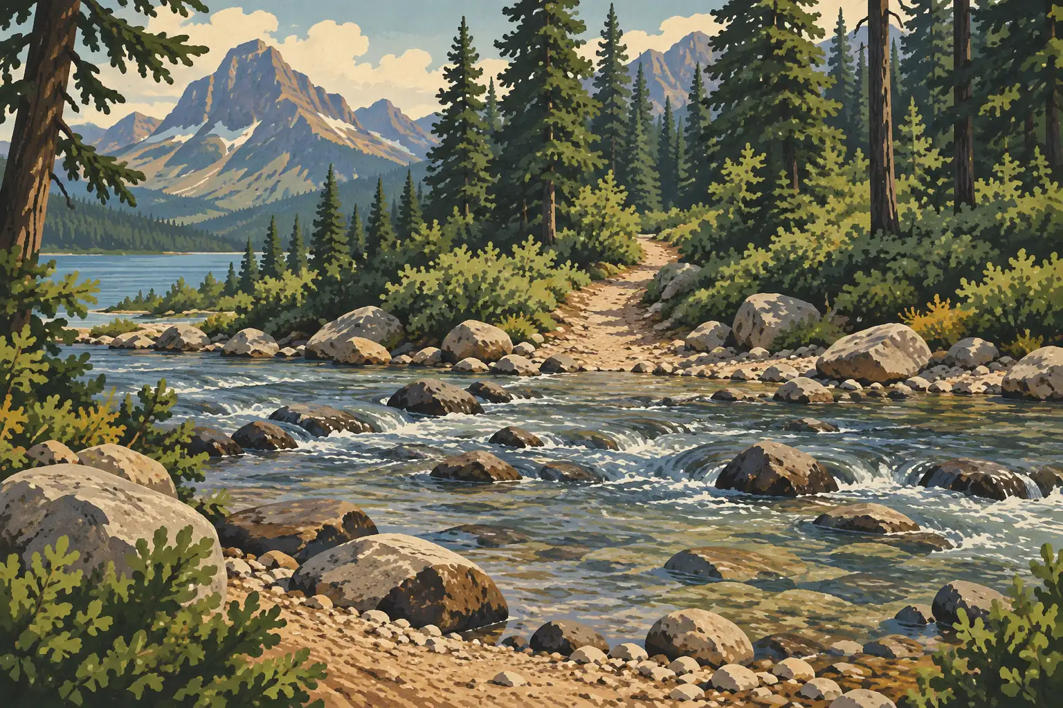 Forest trail beside a rocky river, with a lake, dense evergreen trees, and high mountain peaks in the background