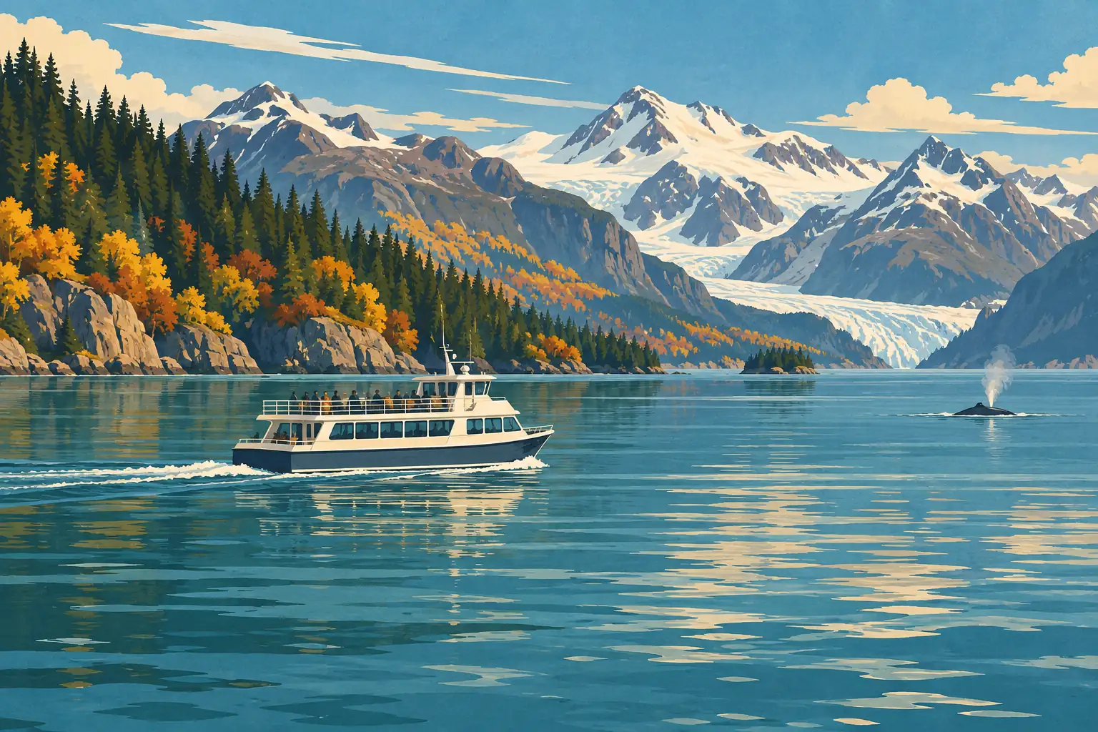 A tour boat crosses a calm bay before an autumn forest and snow-covered mountains as a whale surfaces nearby
