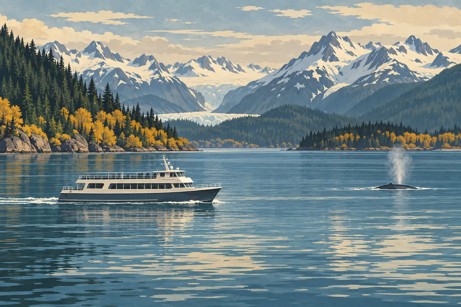 A boat crosses a calm bay near a spouting whale, with forests, glaciers and snow-covered mountains rising in the background
