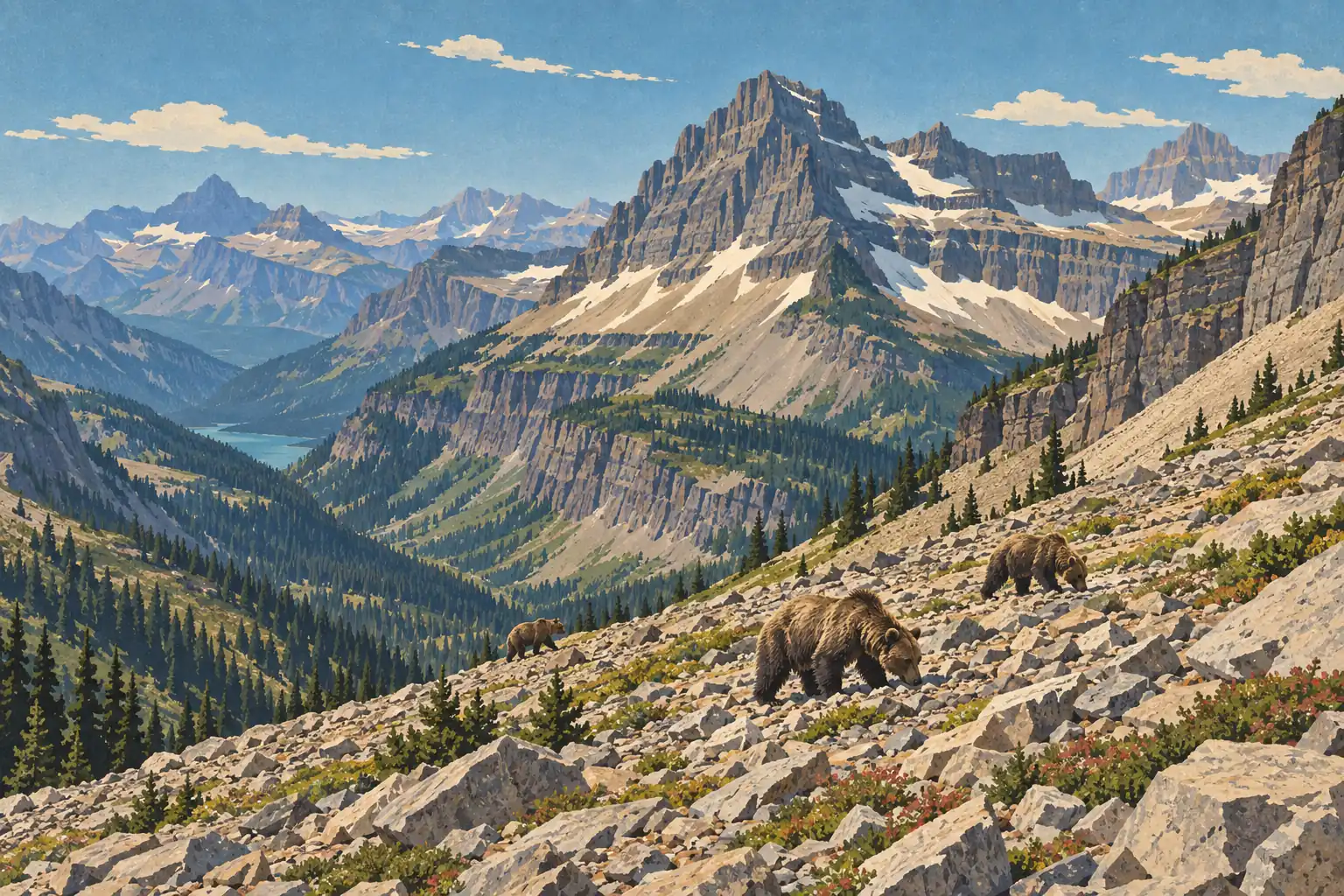 Three grizzly bears cross a rocky, flower-dotted slope above a vast valley framed by snow-streaked peaks