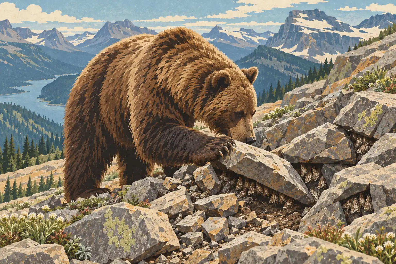 A grizzly digs among rocks sheltering clusters of moths on a flowered slope above a lake and snow-streaked mountains