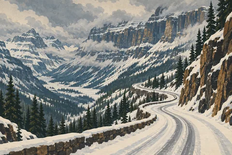 Snow-covered mountain road winding past a rocky cliff, evergreen forest and towering peaks beneath heavy clouds