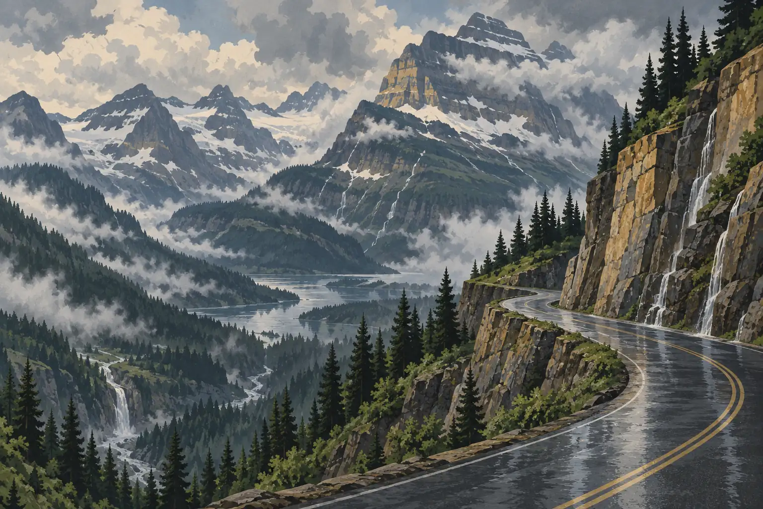 Wet mountain road curves along cliffs and waterfalls above a lake, pine forests and snow-covered peaks beneath heavy clouds