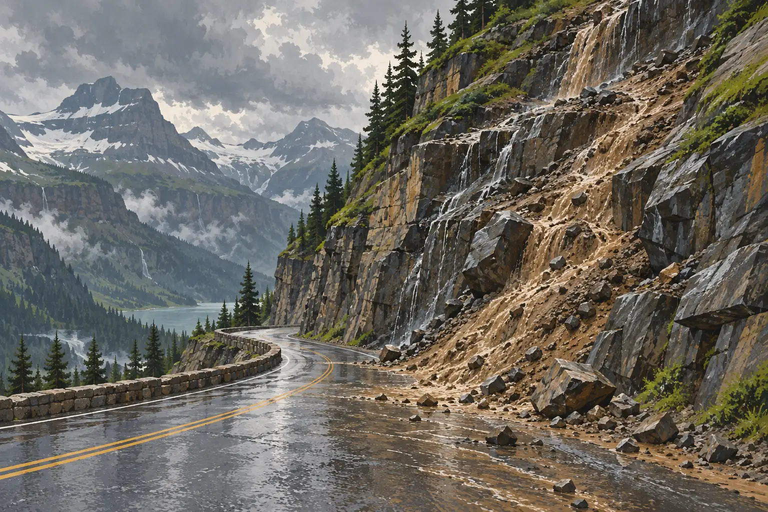 Wet mountain road beside a lake, covered with mud and rocks fallen from a steep cliff after heavy rain