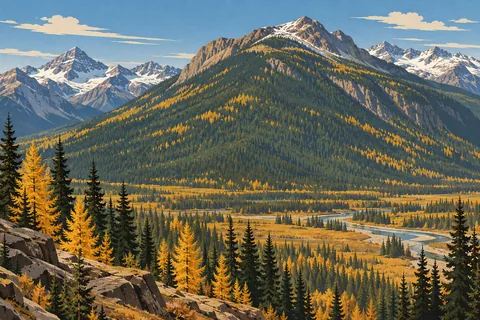 Alpine valley crossed by a winding river, framed by golden conifers and towering snow-covered mountain peaks