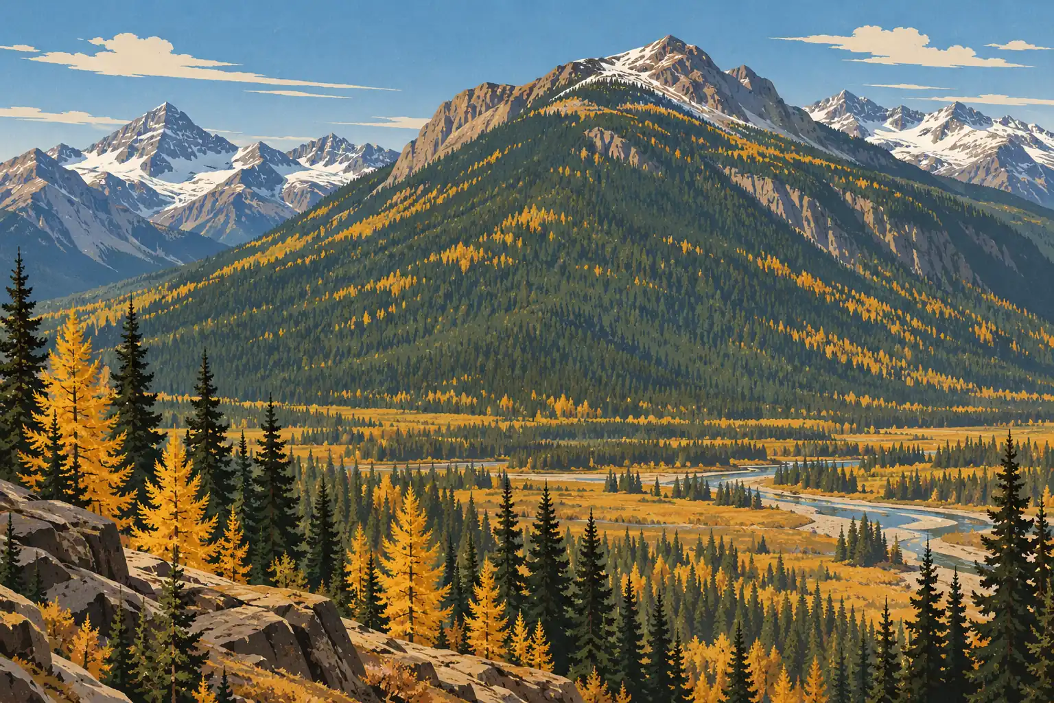 Alpine valley crossed by a winding river, framed by golden conifers and towering snow-covered mountain peaks