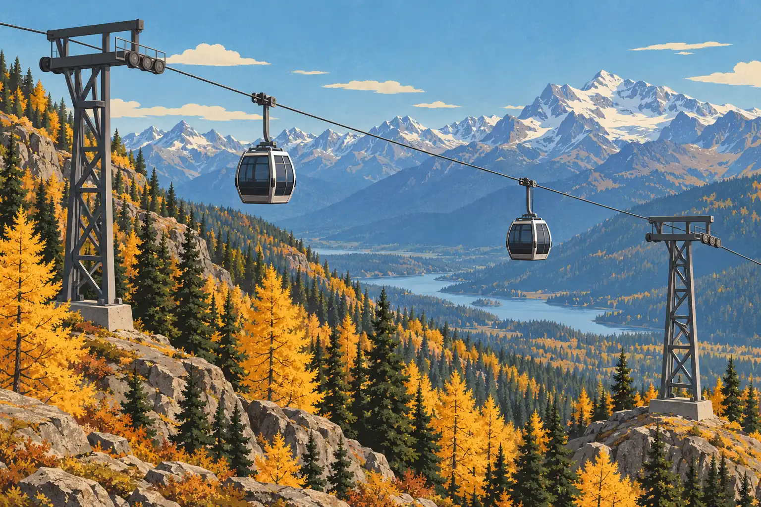 Two cable cars cross a forested valley in autumn, with a lake below and a range of snow-covered mountains beyond