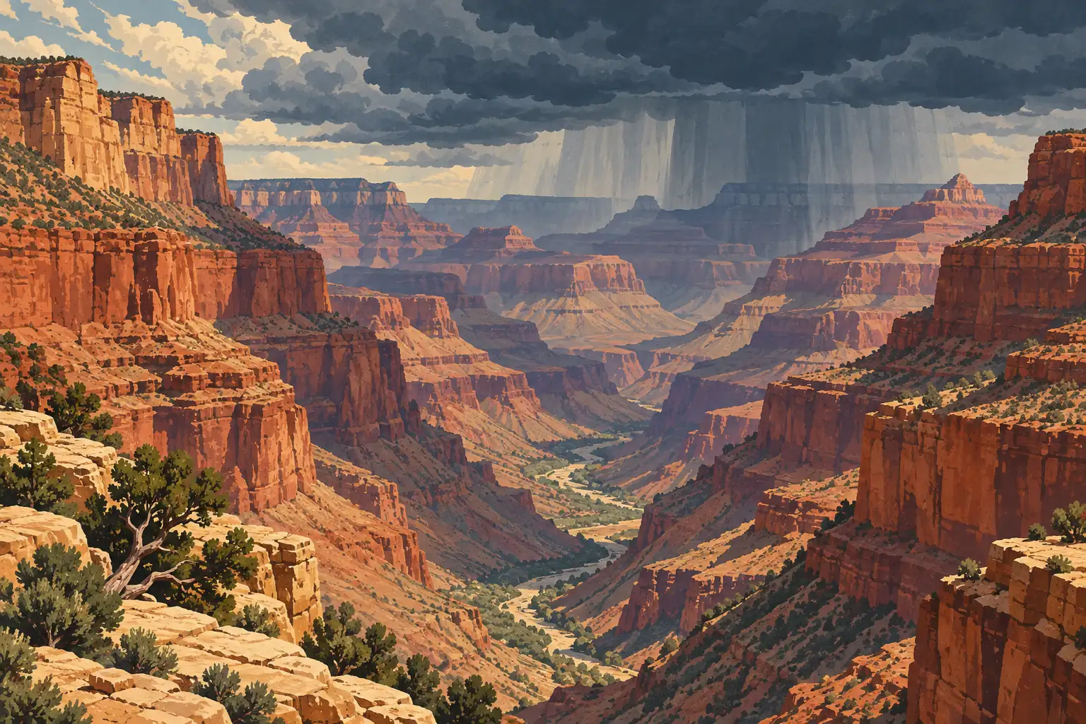 Towering red cliffs frame a deep canyon beneath dark storm clouds, with a curtain of rain falling in the distance