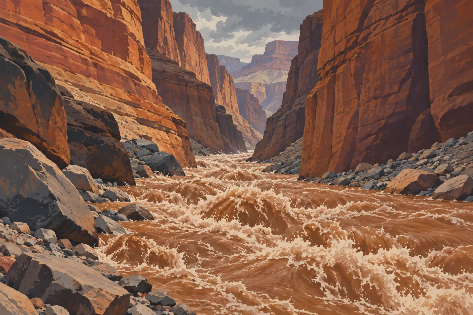 A turbulent brown river rushes through a narrow canyon between towering red cliffs beneath heavy clouds