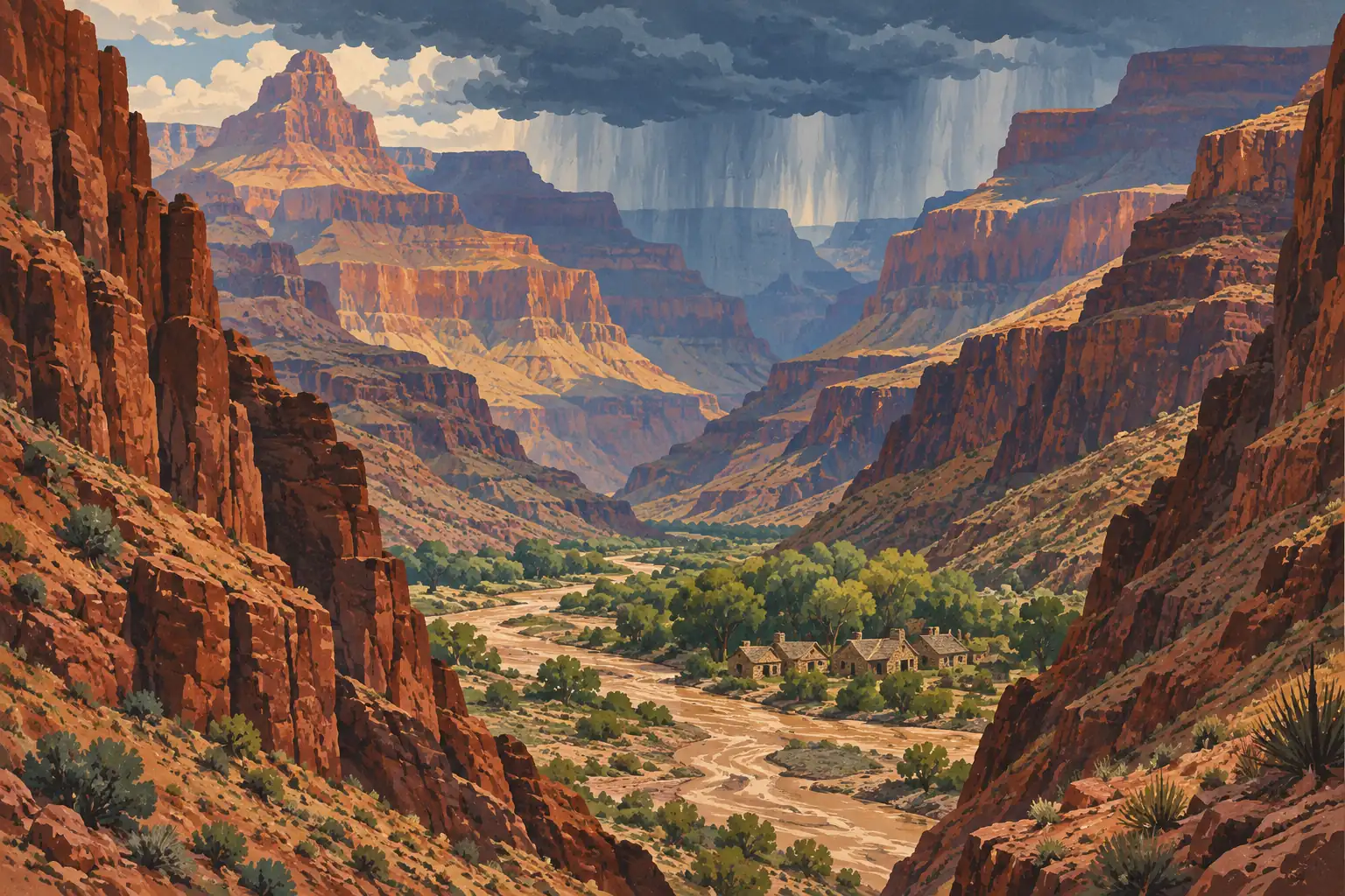 Blick in den Grand Canyon unter Gewitterwolken, mit fernem Regen, einem schlammigen Fluss und Steinhäusern zwischen Bäumen