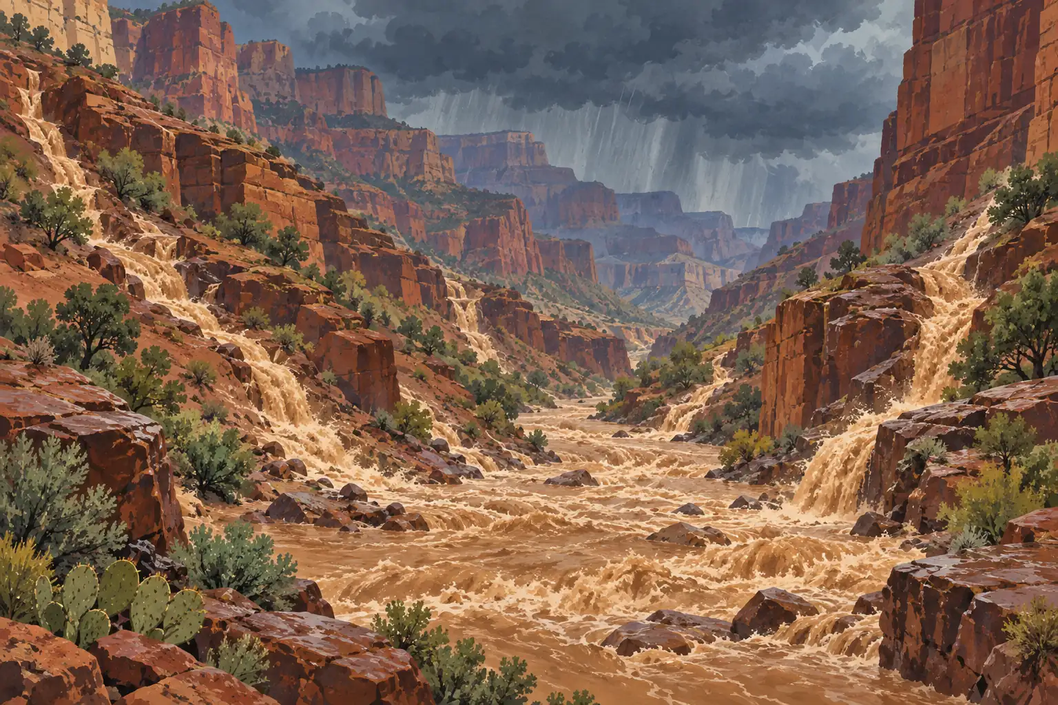 Schlammige Flut in einer roten Felsschlucht unter dunklen Gewitterwolken, mit Wasserfällen und Wüstenpflanzen