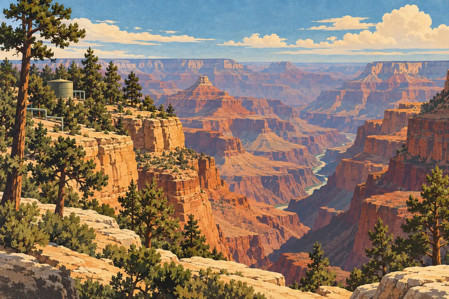 Grand Canyon view with the Colorado River below, orange cliffs, pine trees and a water tank near the rim