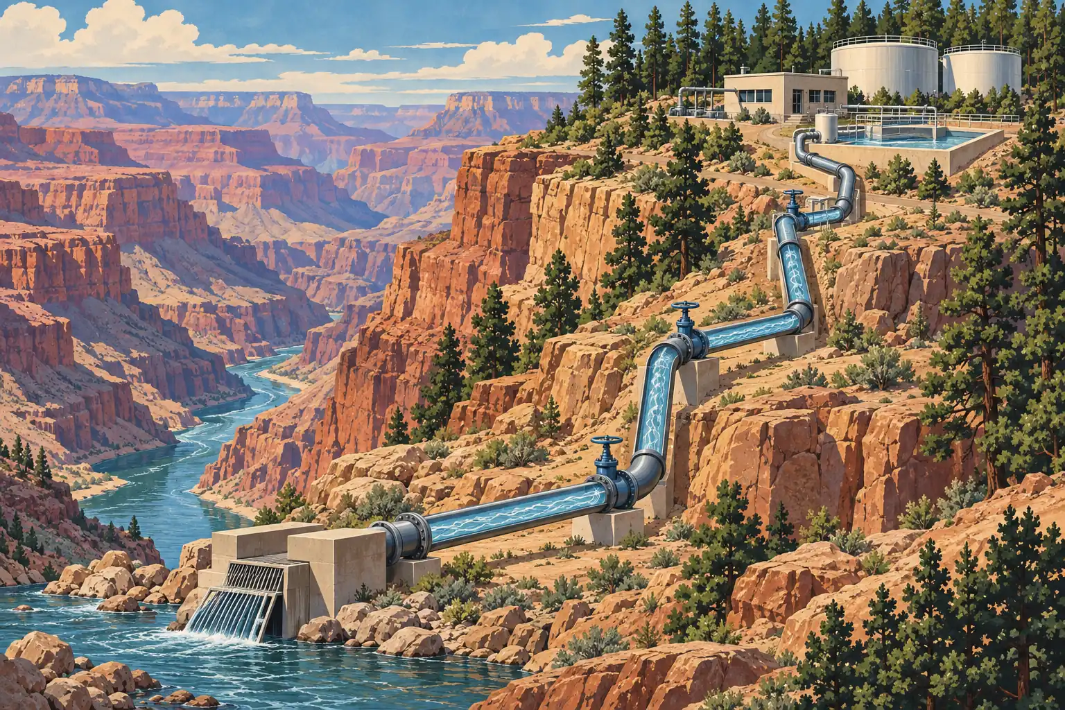 A large water pipeline crosses Grand Canyon cliffs from the Colorado River to tanks and a treatment facility
