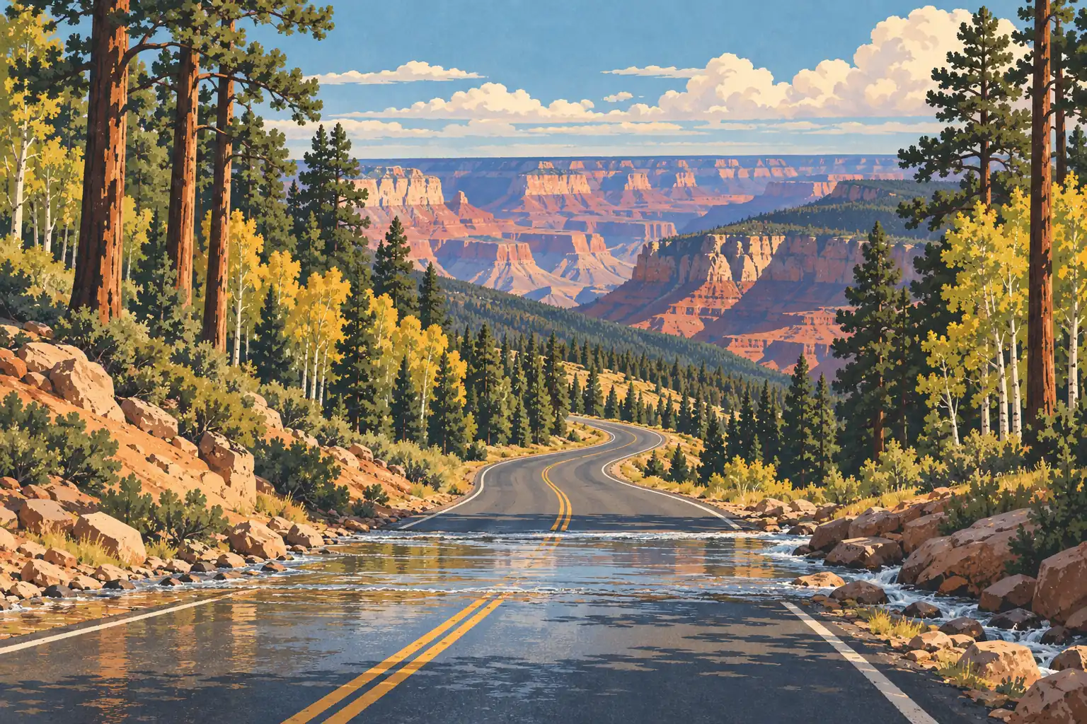 Kurvige Straße mit fließendem Wasser, umgeben von Kiefern und Espen, dahinter der Grand Canyon am Horizont