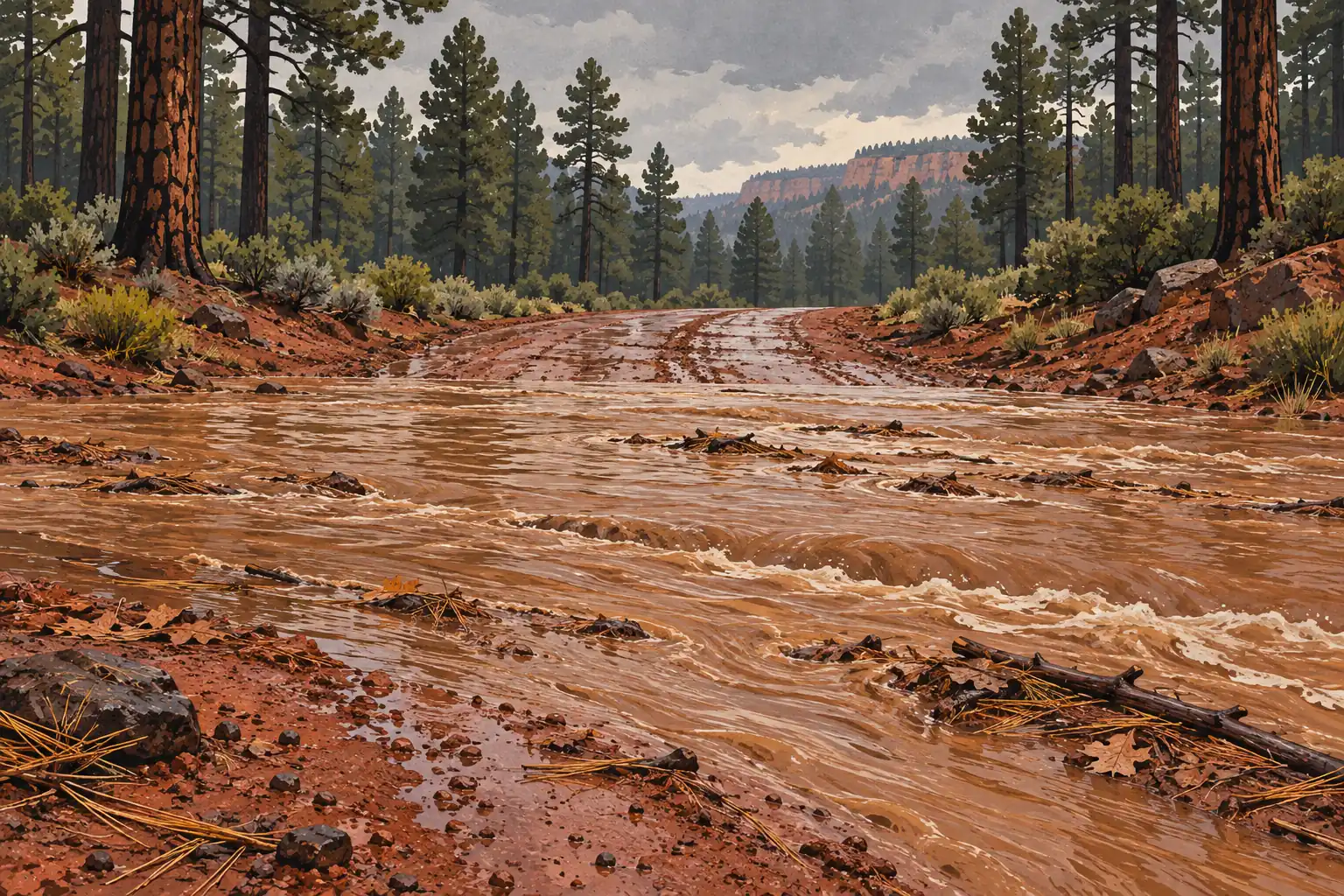 Eine schlammige Waldstraße wird von braunem Hochwasser überflutet, gesäumt von hohen Kiefern unter Wolken und fernen roten Klippen