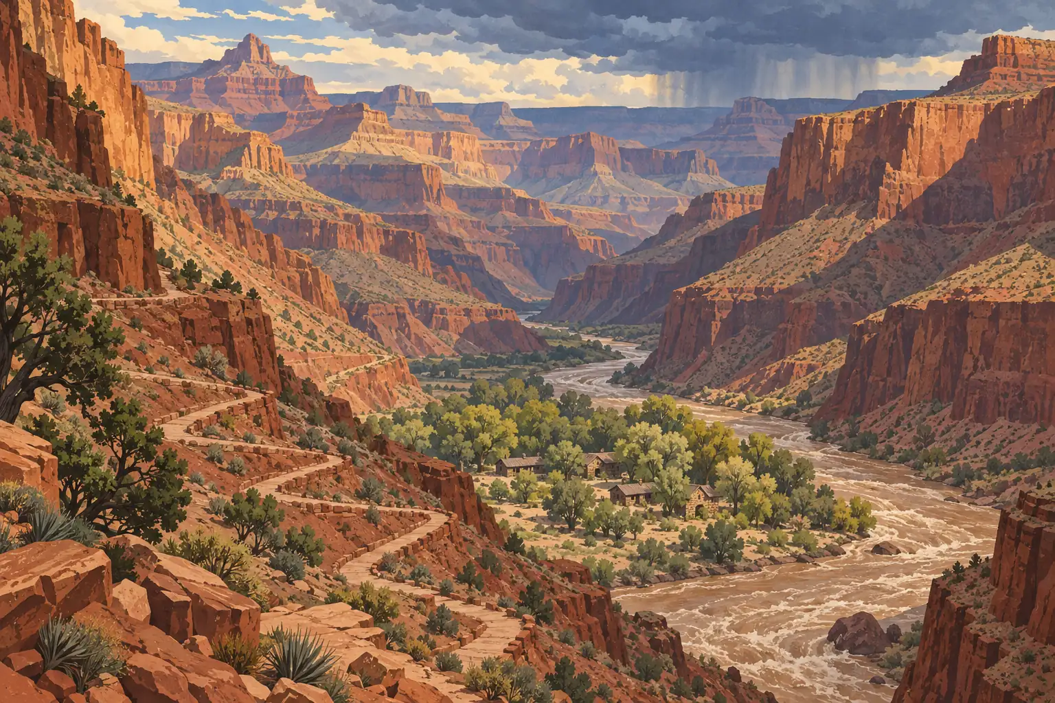 A winding trail descends through a red-rock canyon toward riverside cabins and trees beneath dark rain clouds