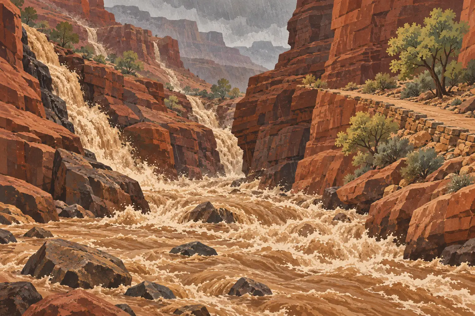 Muddy floodwaters rushing through a red-rock canyon in the rain, past waterfalls, boulders, trees, and a ledge trail