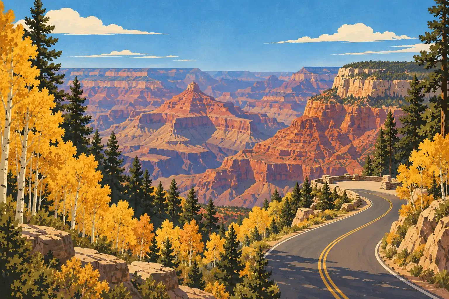 Winding road lined with golden aspens and pines, overlooking the red cliffs and vast formations of the Grand Canyon