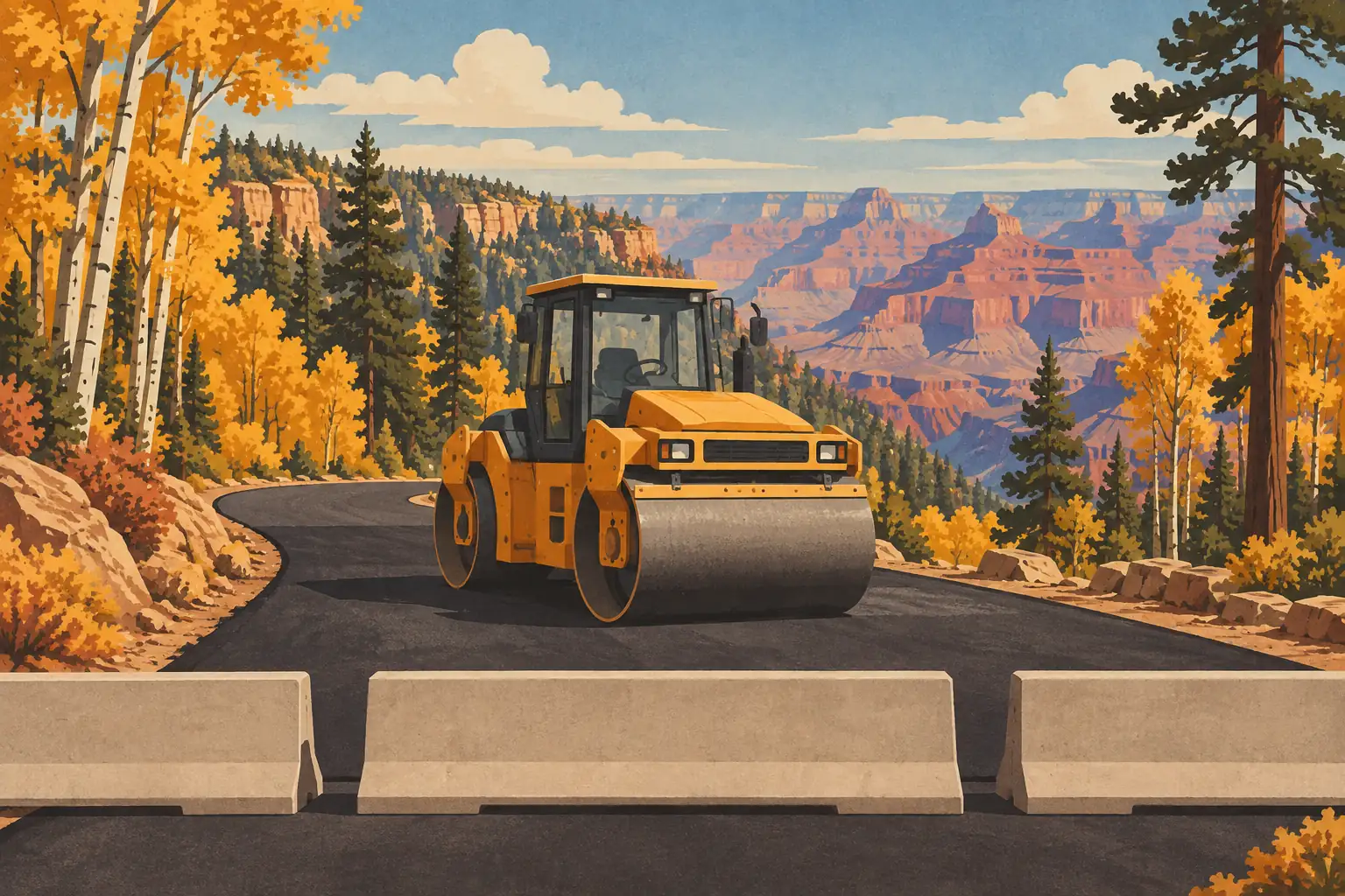 A yellow road roller resurfaces a closed road among golden aspens, with the Grand Canyon in the distance