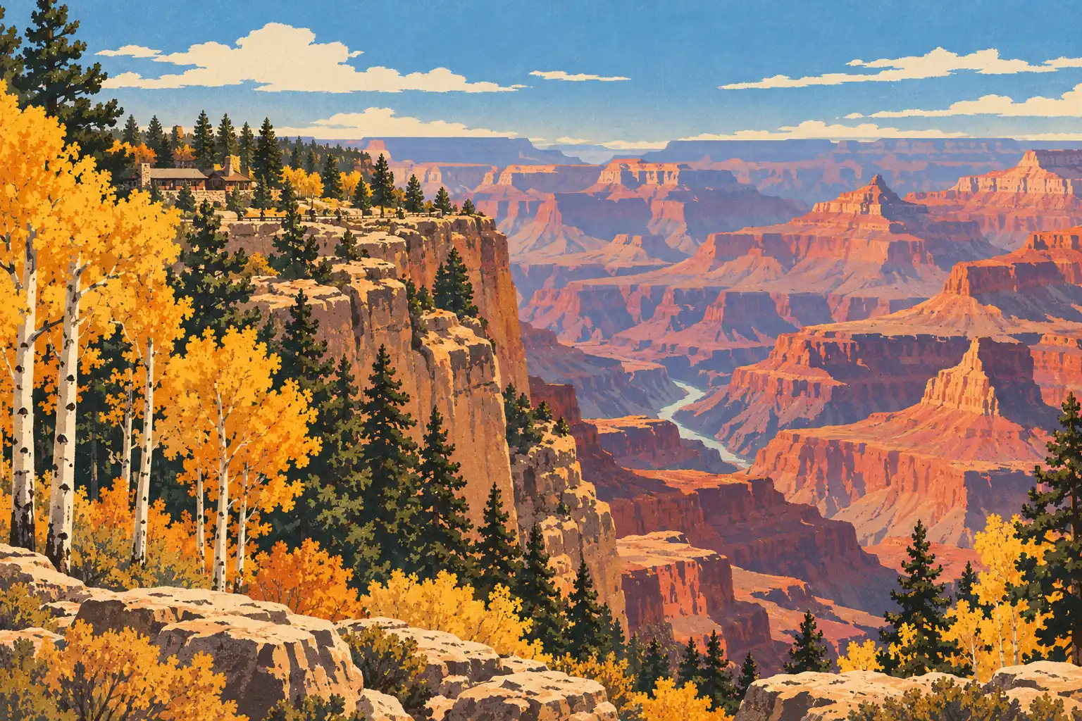 Grand Canyon in autumn, with golden aspens, pine trees, red cliffs and a winding river deep in the valley