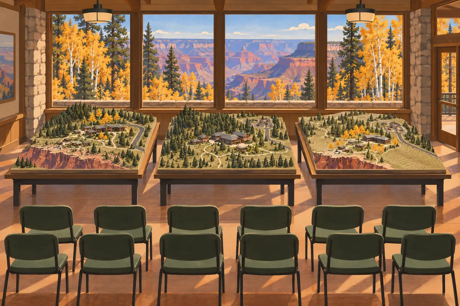 Presentation room with rows of chairs, three landscape models, and an autumn view of the Grand Canyon