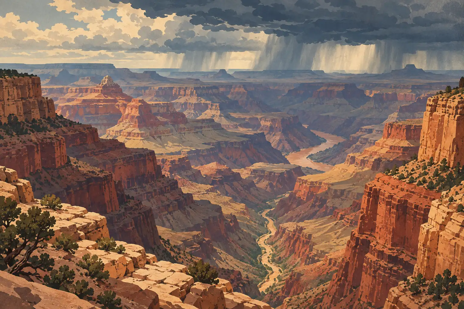 Vue plongeante sur le Grand Canyon, le Colorado sinuant entre les falaises rouges sous de lourds nuages et des rideaux de pluie
