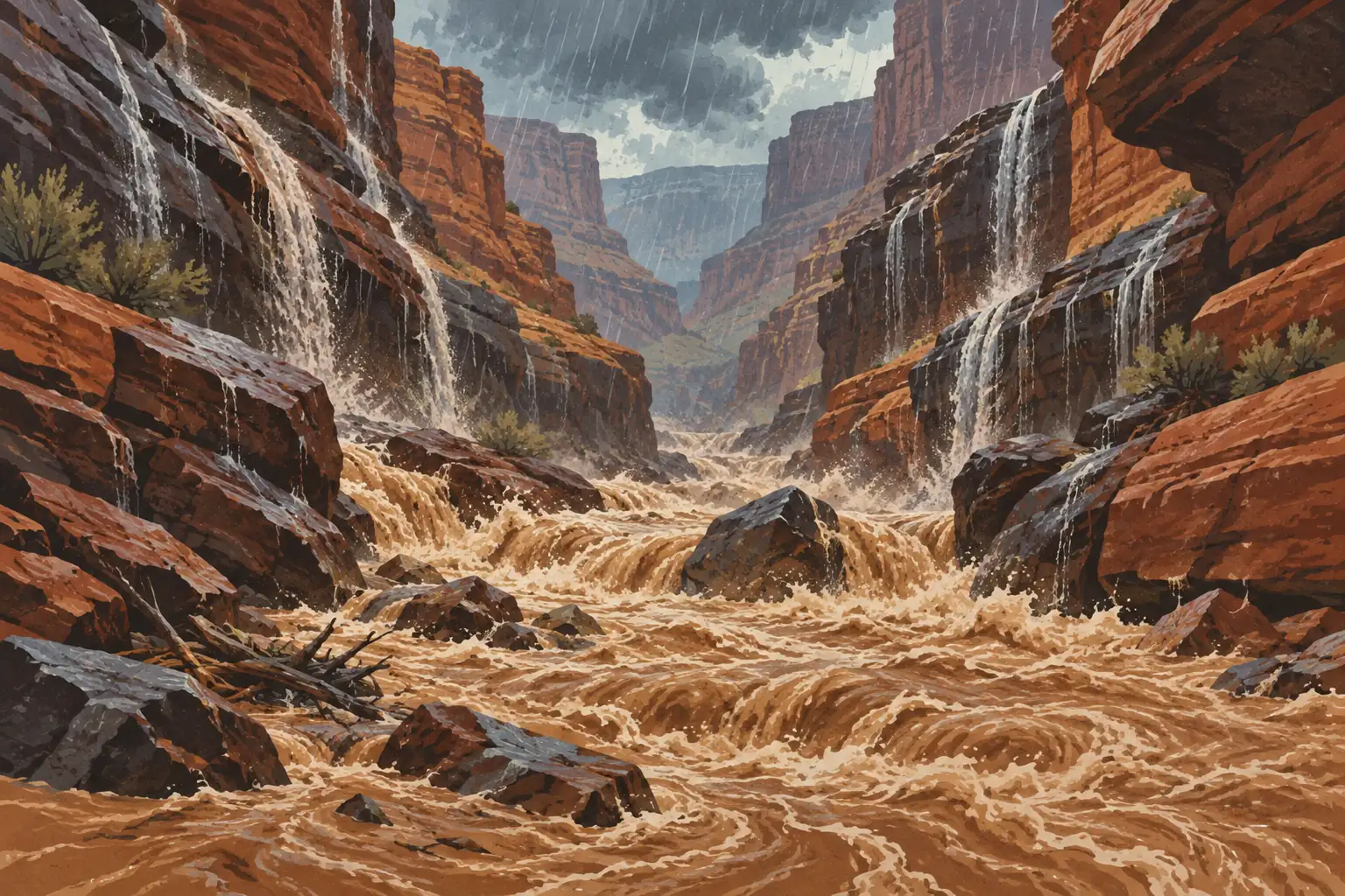 Un torrent boueux dévale un canyon de roches rouges sous une pluie battante, alimenté par plusieurs cascades