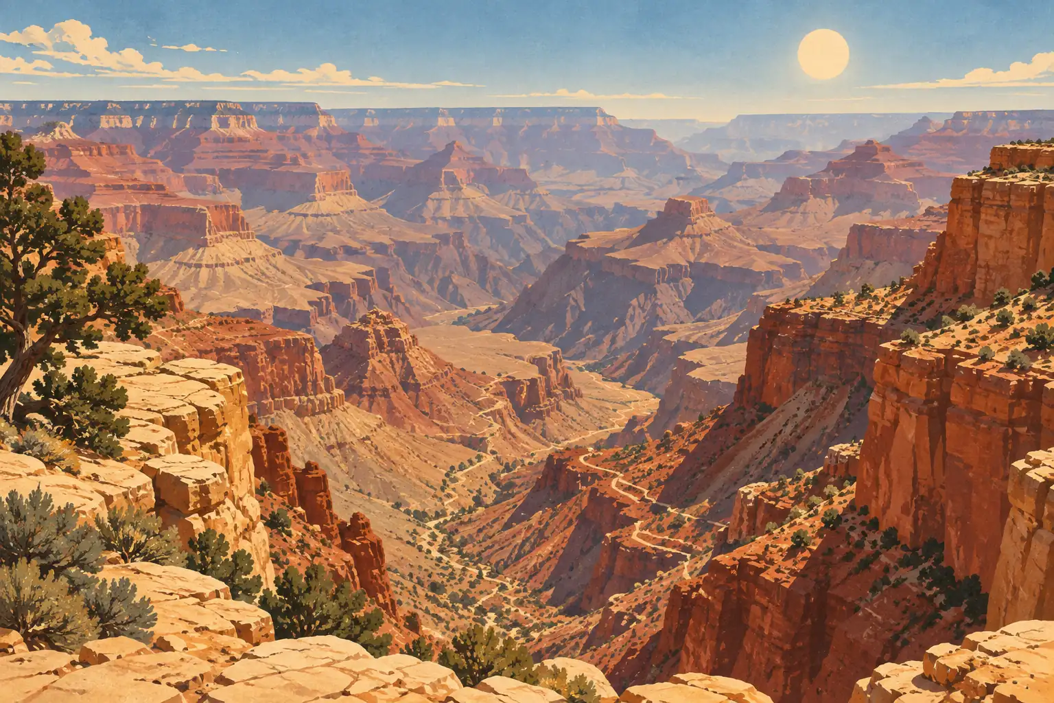 Vaste panorama du Grand Canyon, avec falaises rouges, plateaux rocheux, végétation clairsemée et sentier sinueux sous le soleil