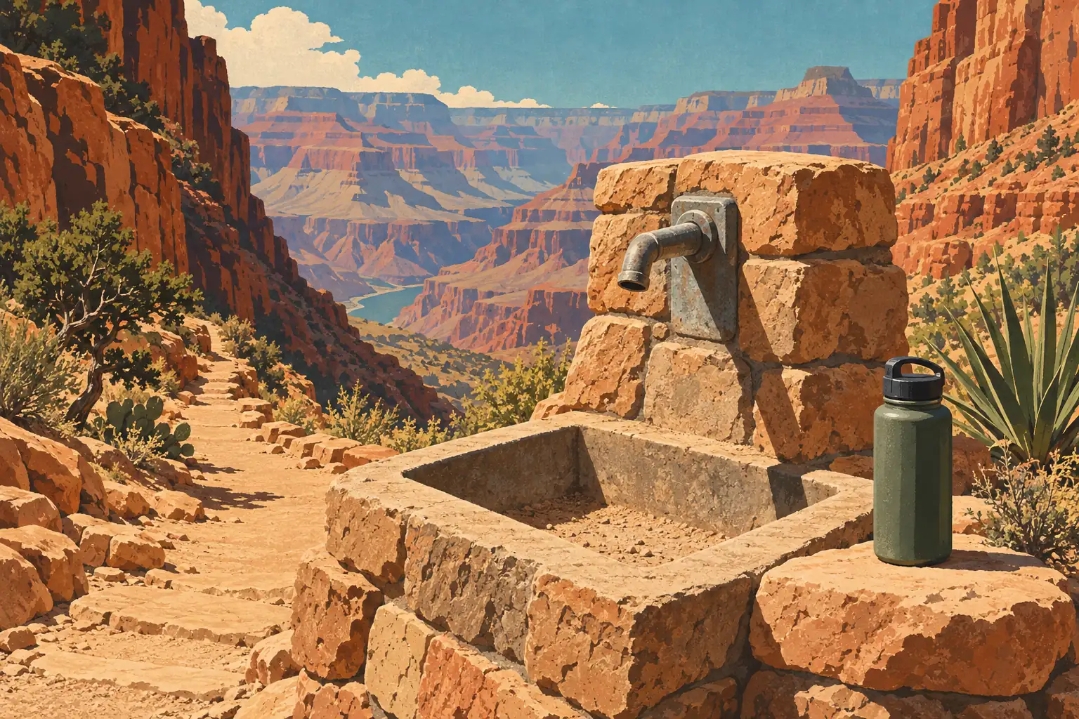 Robinet en métal à sec au-dessus d’un bassin de pierre, avec une gourde verte sur un sentier du Grand Canyon