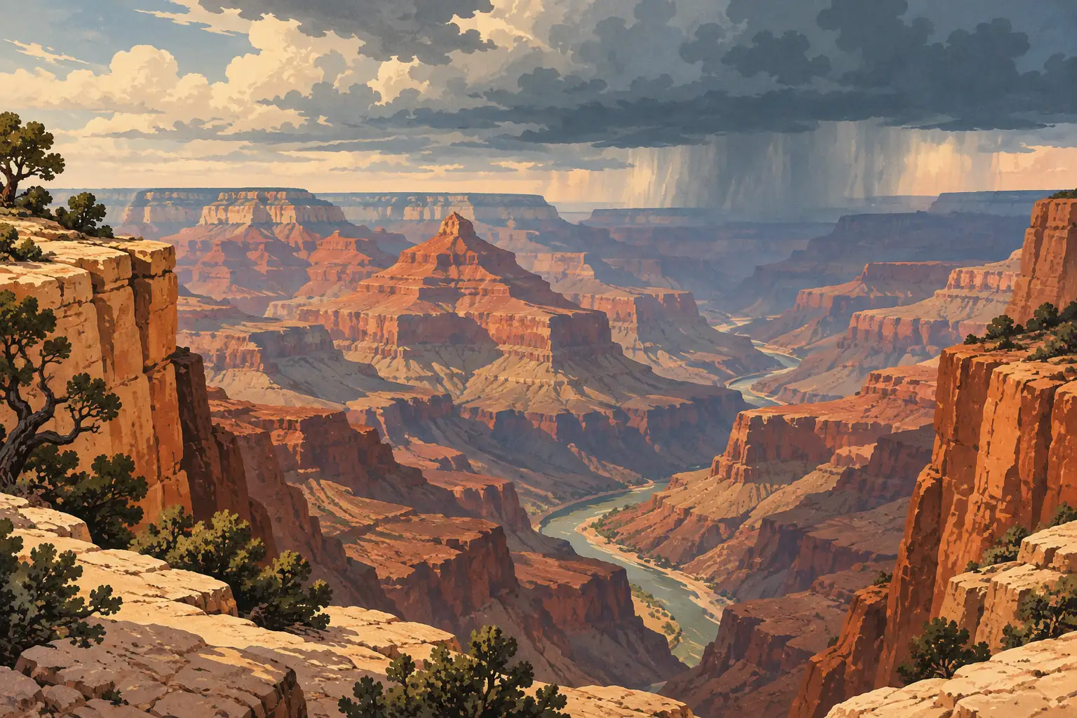 Panoramic Grand Canyon view with orange cliffs, a winding river, foreground pines, and rain falling beneath dark clouds