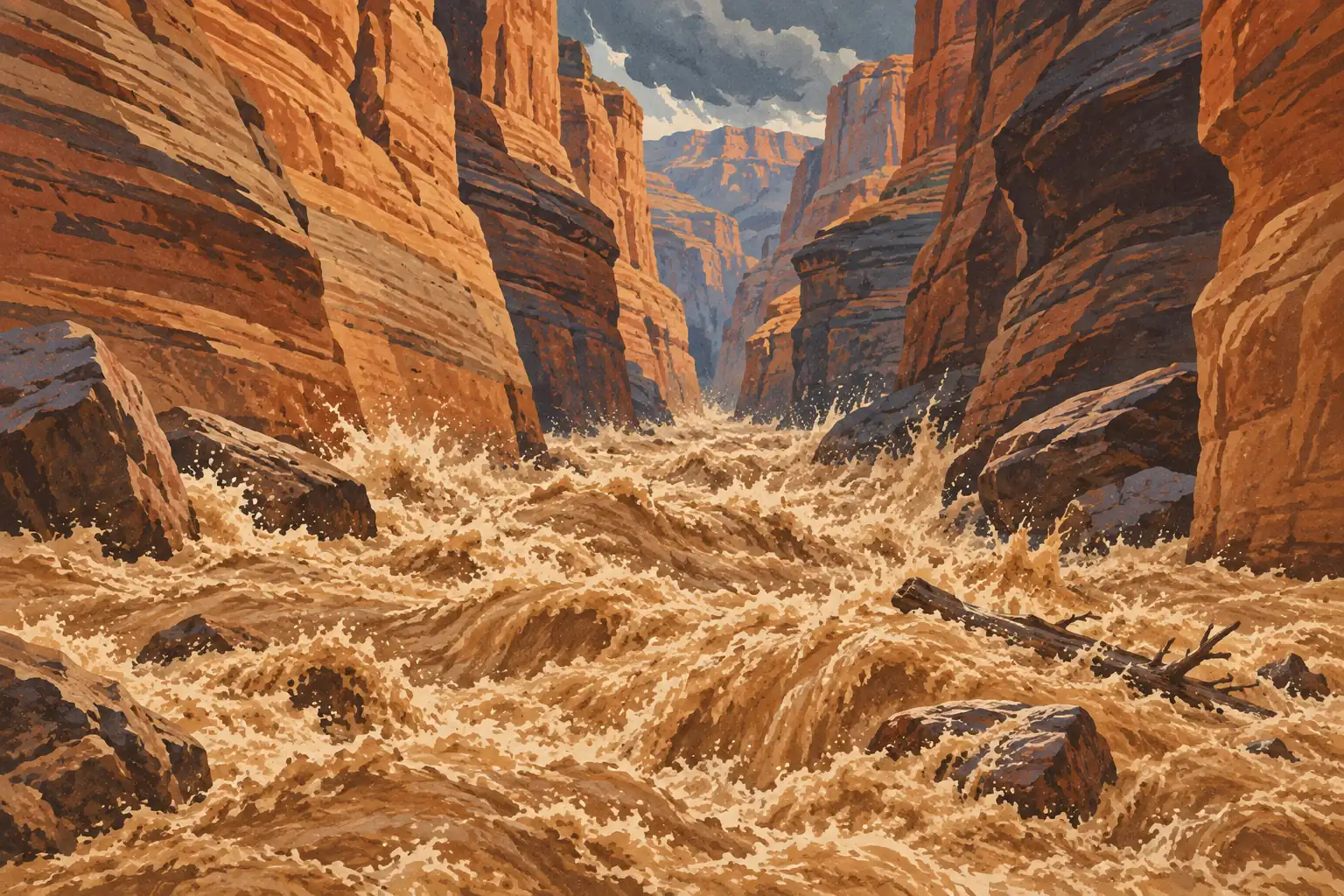 Muddy, turbulent water surges between towering red canyon walls beneath a sky filled with dark clouds