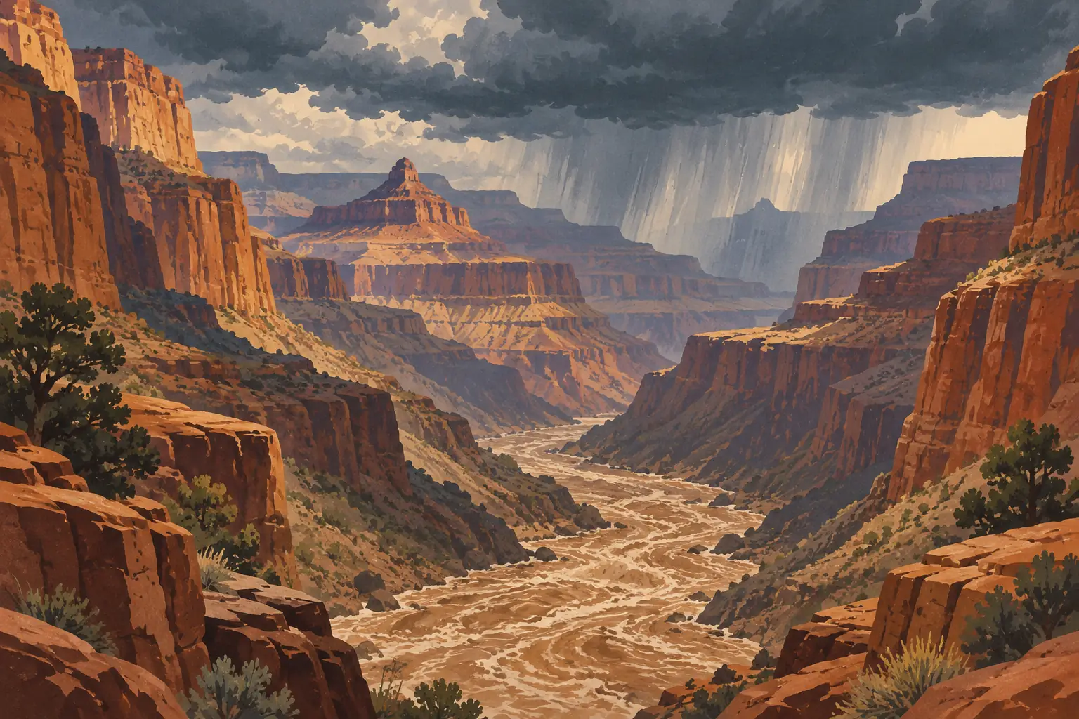 A muddy torrent winds between the red cliffs of the Grand Canyon beneath dark clouds and heavy rain