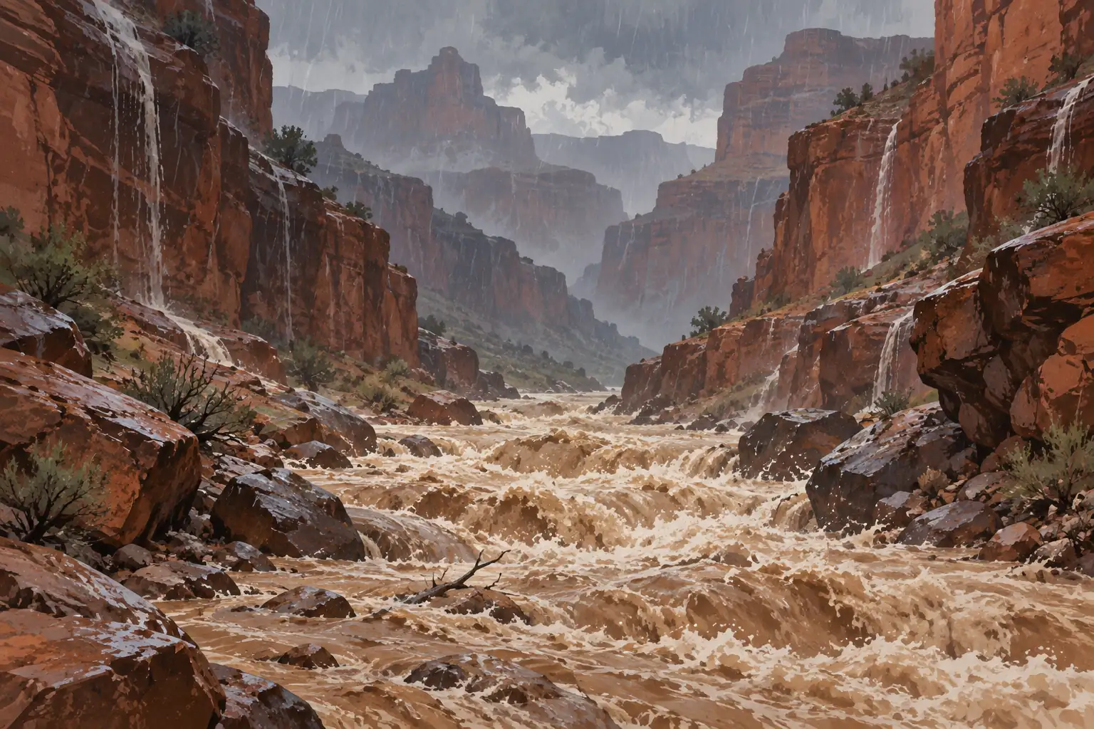Muddy, turbulent floodwaters surge through a red-rock canyon beneath heavy rain and waterfalls streaming down the cliffs
