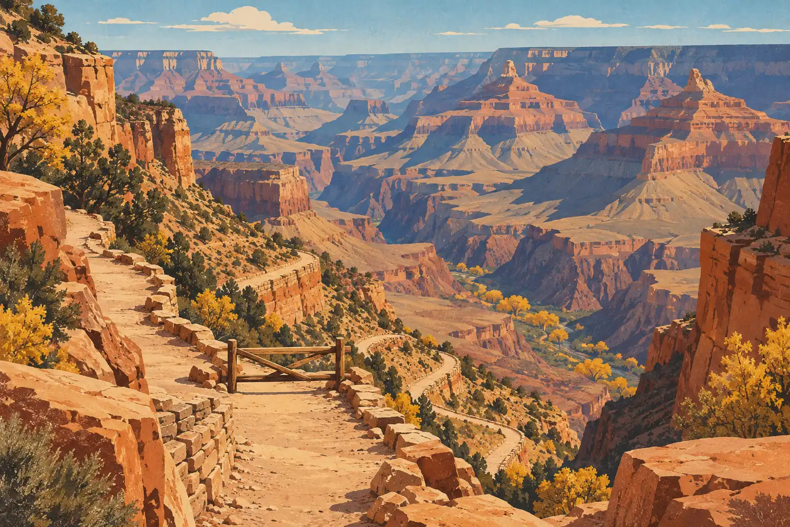 Sentier pierreux bordé de murets et fermé par une barrière en bois, surplombant les falaises et vallées du Grand Canyon