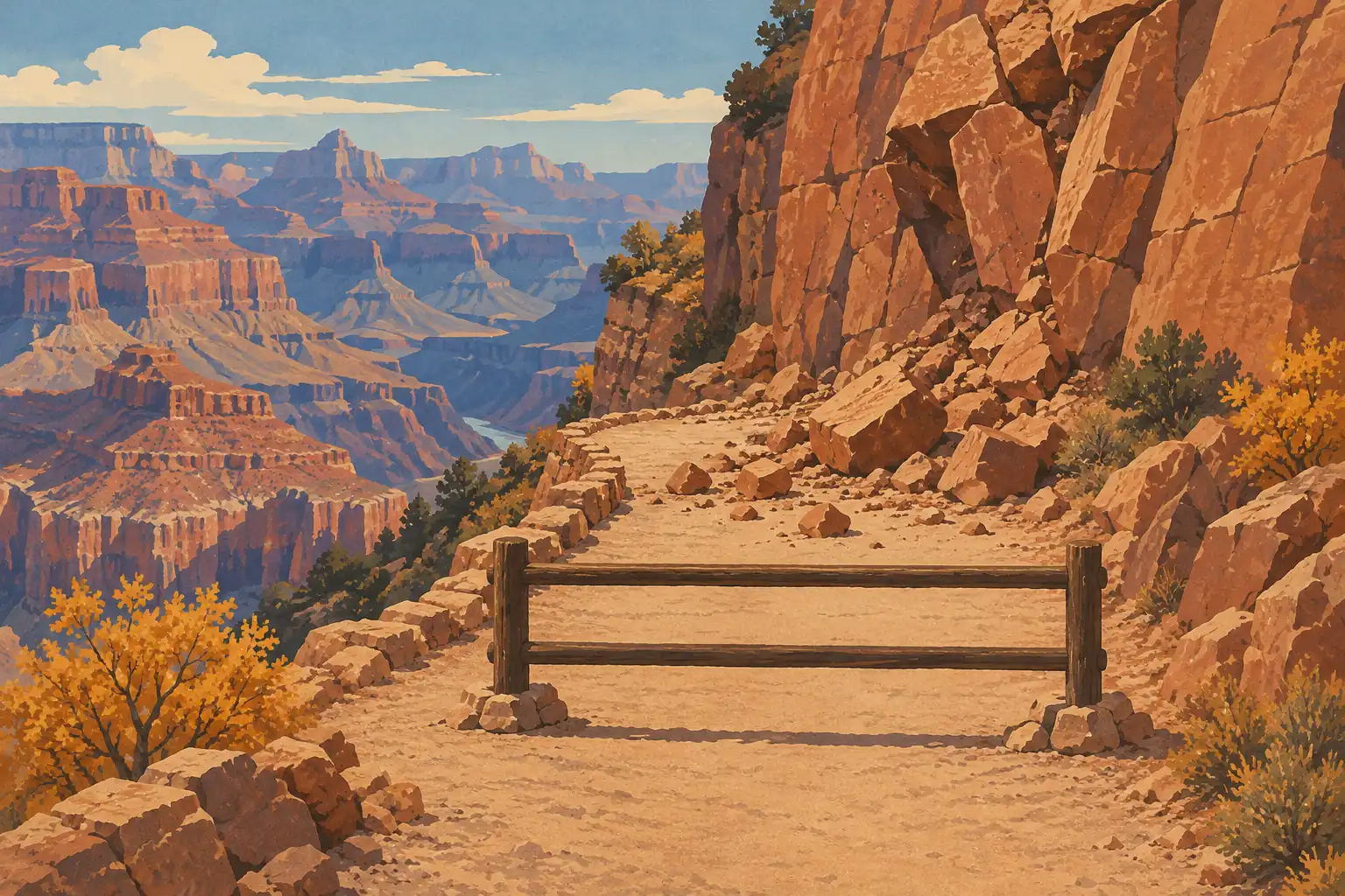 Sentier rocheux à flanc de falaise, barré par une clôture en bois, avec le Grand Canyon et des arbustes dorés au loin