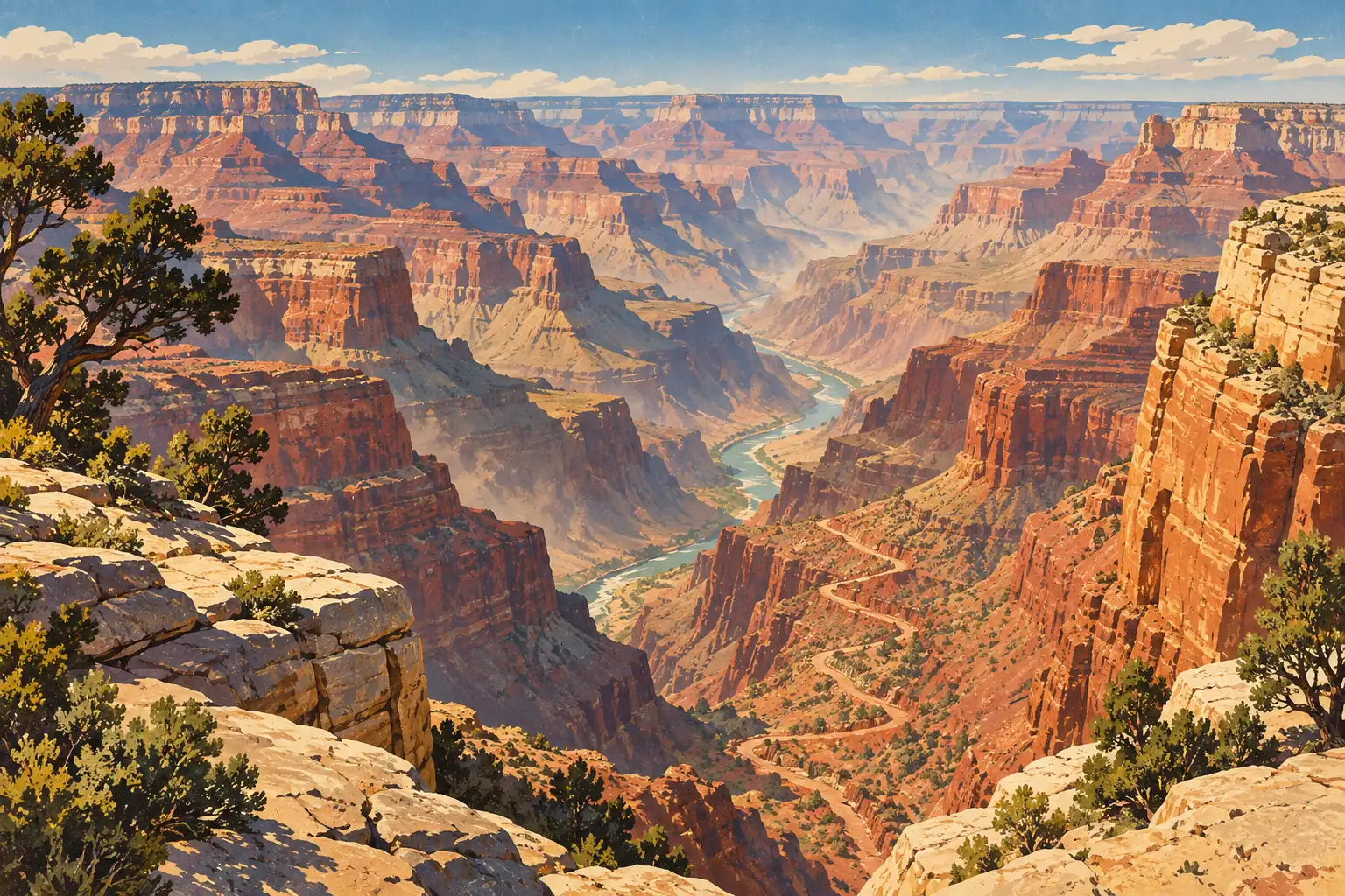 Panoramablick auf den Grand Canyon mit roten Felsen, gewundenem Fluss, steilem Pfad und Kiefern im Vordergrund