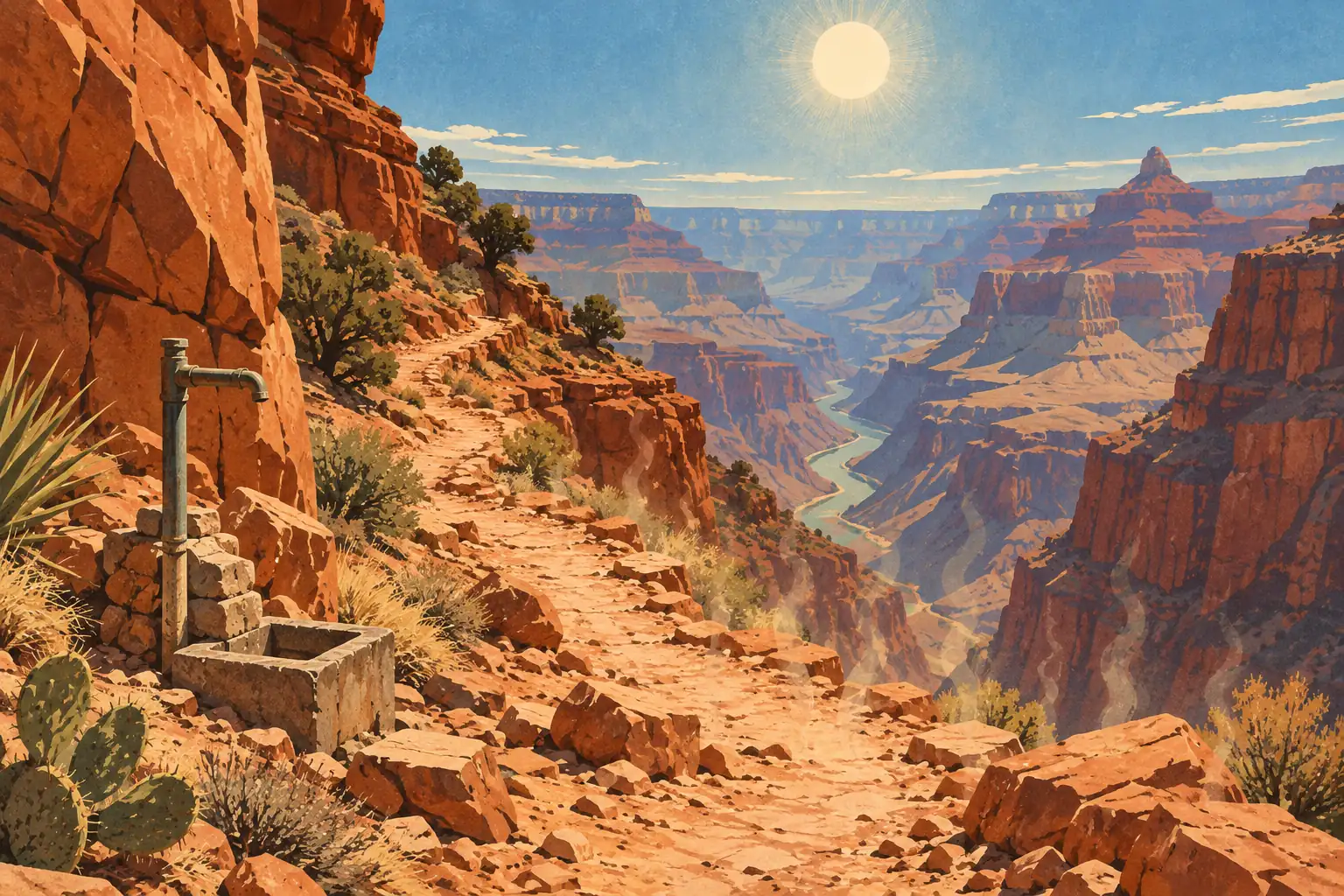 Felsiger Pfad an den Klippen des Grand Canyon, mit einem Wasserhahn im Vordergrund und dem Fluss tief unten