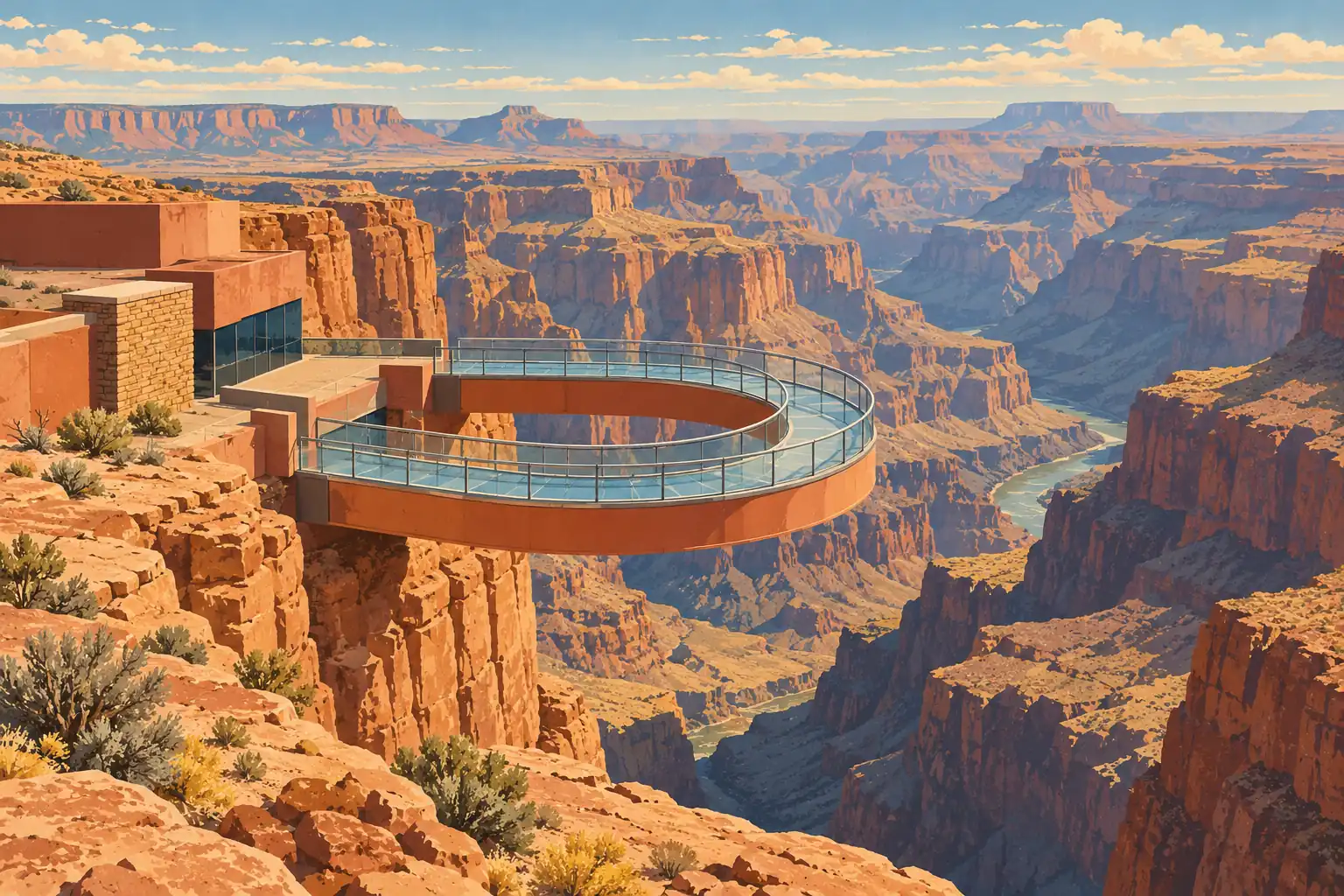Une passerelle vitrée en fer à cheval surplombe les falaises du Grand Canyon, avec une rivière sinueuse au fond