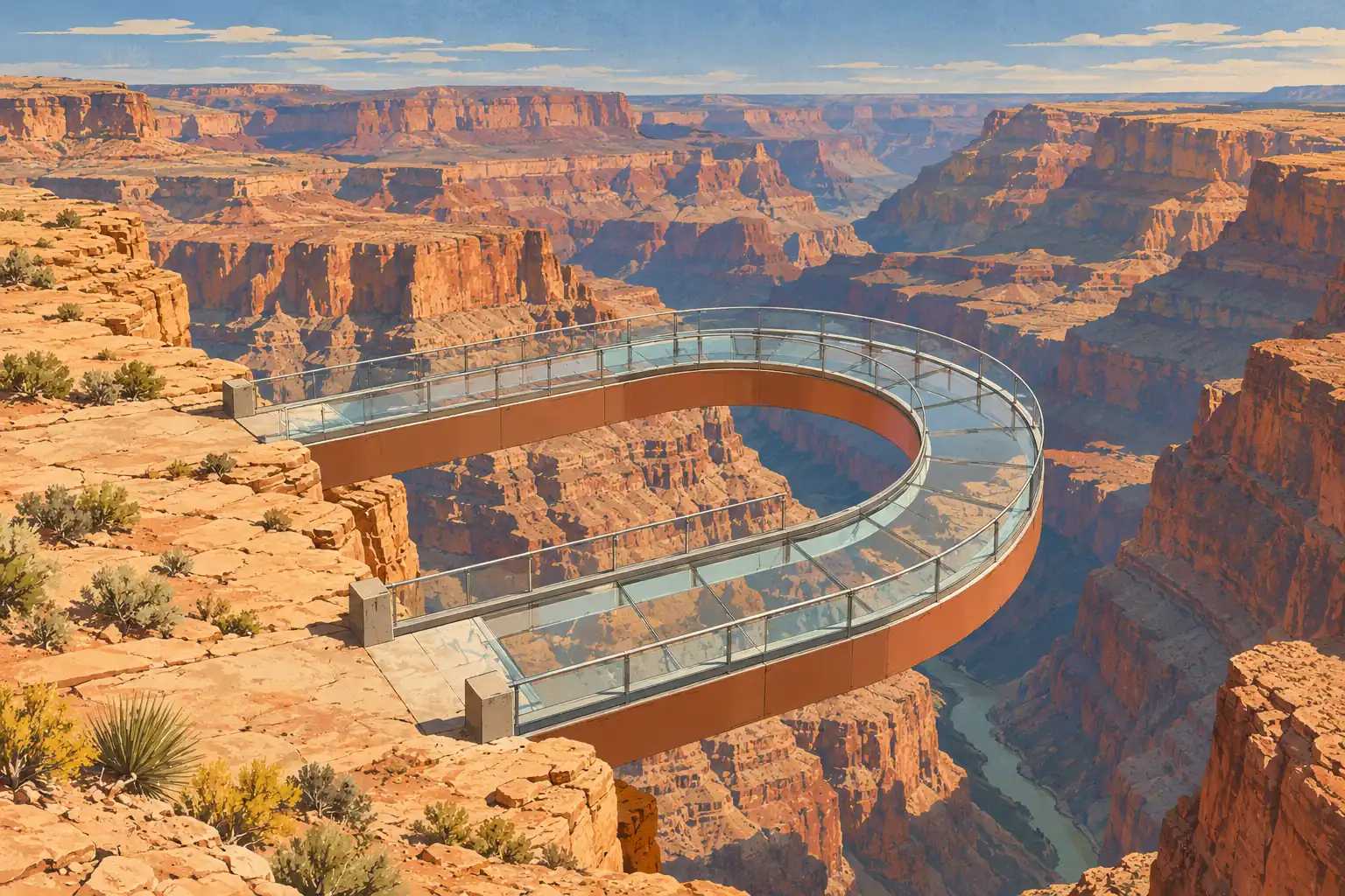 Passerelle vitrée en forme de fer à cheval au-dessus du Grand Canyon, entre falaises orangées et rivière en contrebas