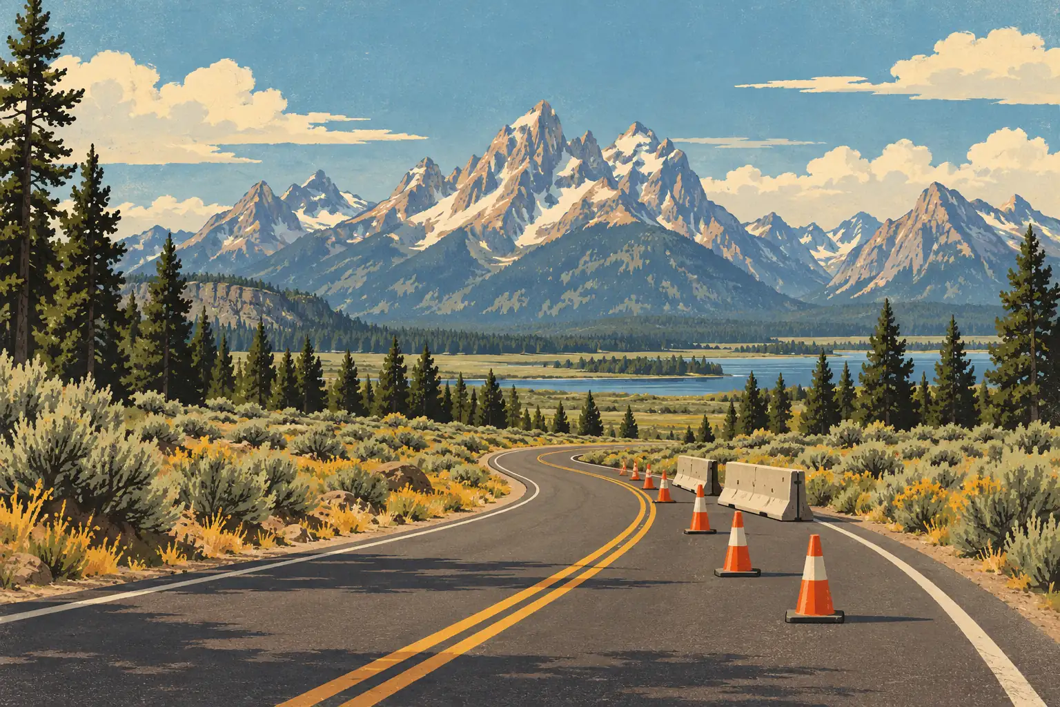 Winding road lined with traffic cones and concrete barriers, crossing a wooded valley beneath high snow-covered peaks